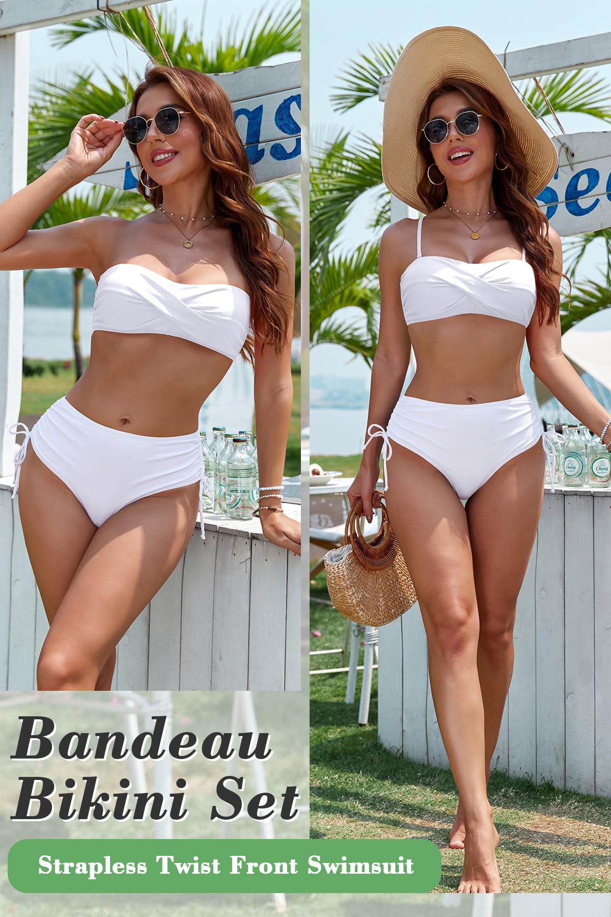 SHEKINI Bikini da donna senza spalline a fascia, due pezzi Twist Front Costume da bagno regolabile con coulisse