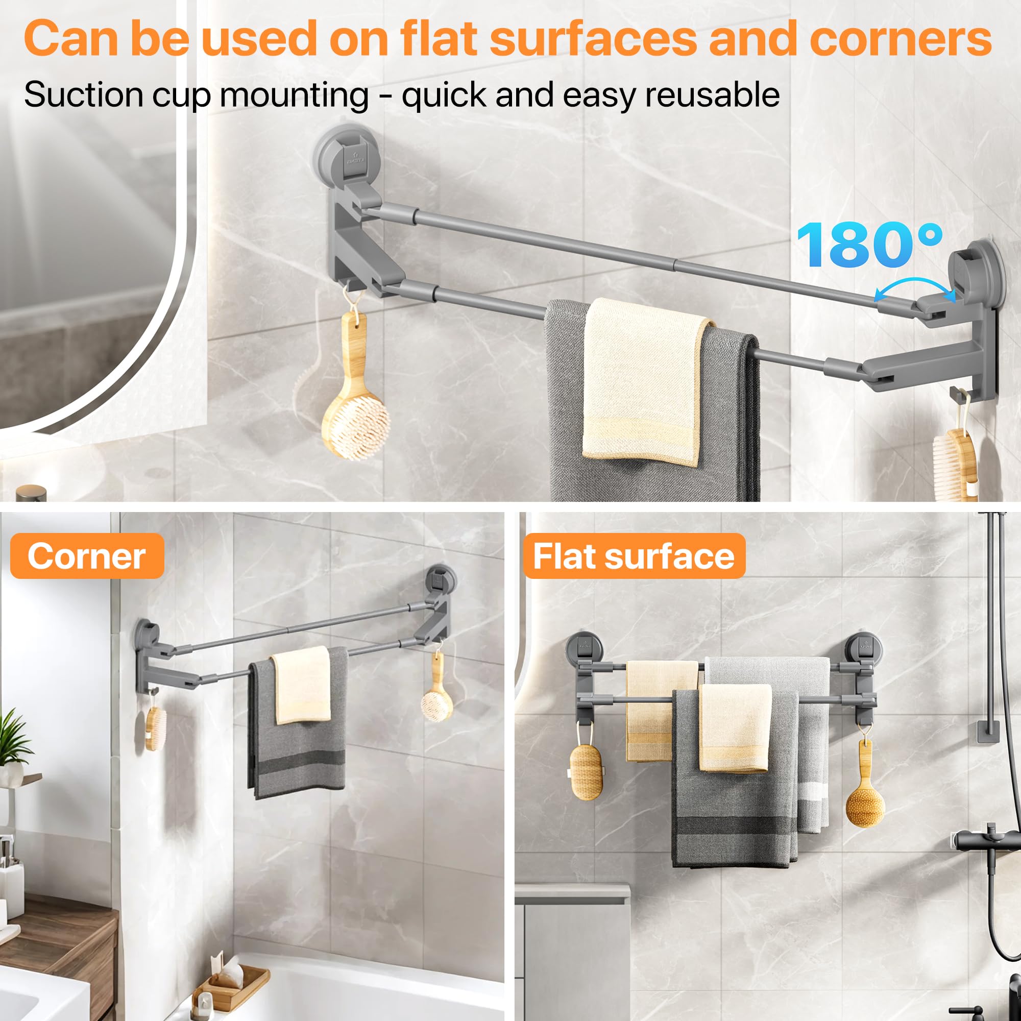 COCASES Towel Holder Suction Cup No Drilling Bathroom Towel Rail Double for Shower Wall without Gluing Towel Holder with 2 Towel Hooks and Adjustable Length for Kitchen Door Dark Grey 64-125 cm - Image 3