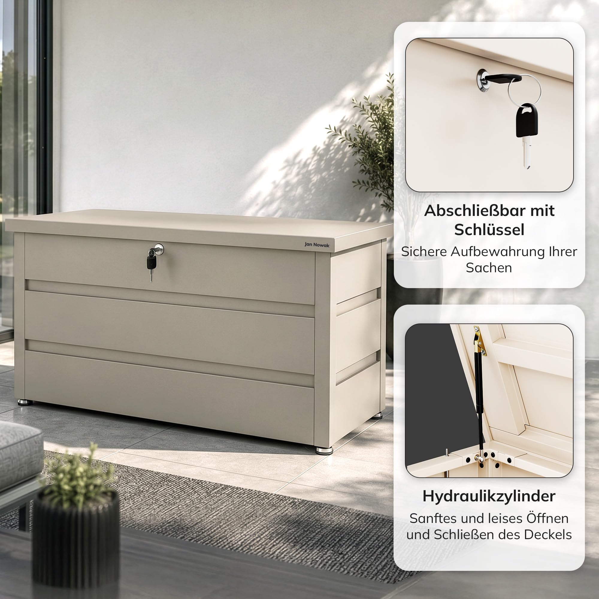 Jan Nowak Gartenbox Metall 360 L Auflagenbox wasserdicht abschließbar Kissenbox Stahl Balkonbox Terrassenbox Outdoor Aufbewahrungsbox mit Gasdruckfedern Sitzfunktion 119 x 58,7 x 52 cm