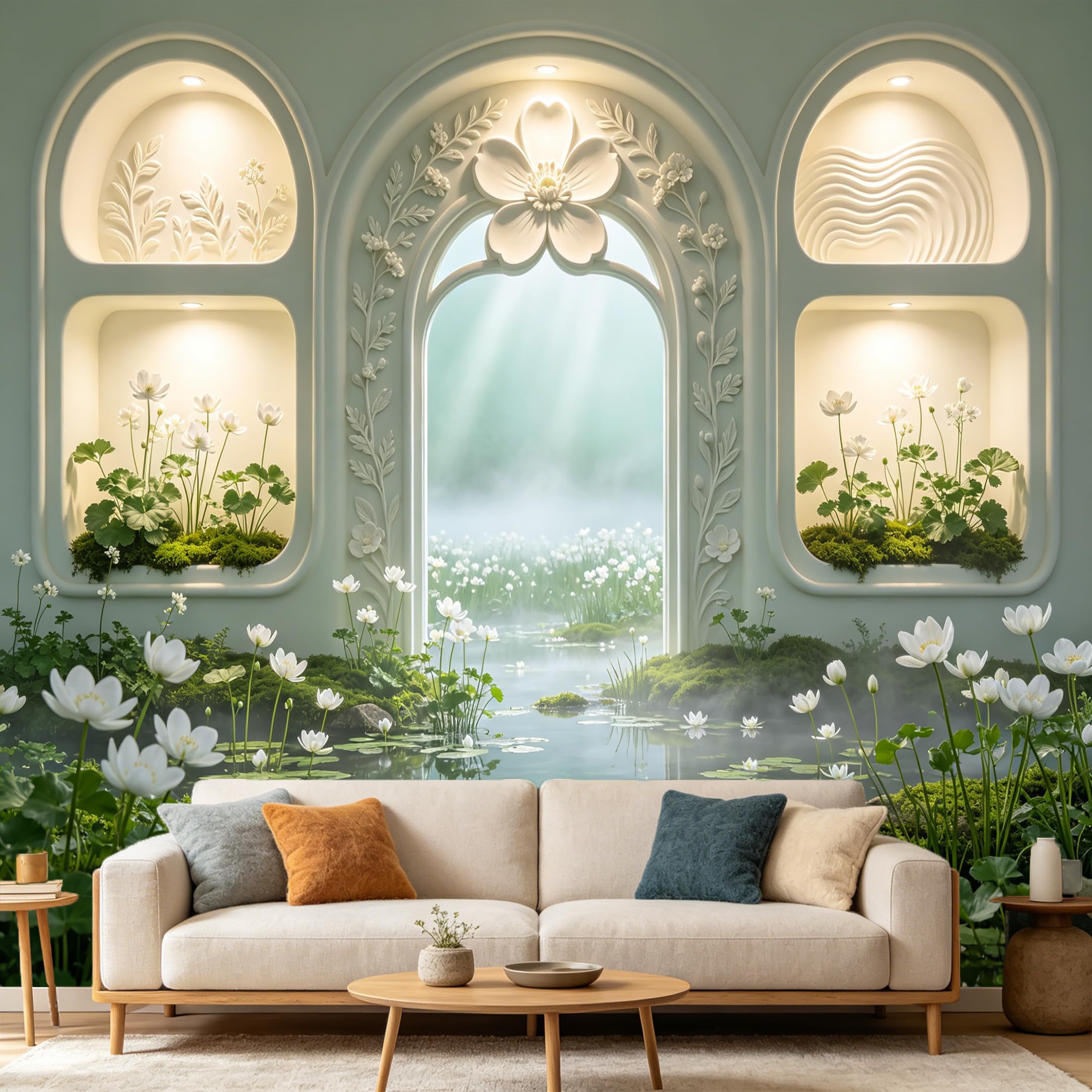 Custom Size Wall Mural， 3D White Lotus Flower Archway Pond Botanical Zen， SelfAdhesive Art Prints wall Fabric Removable Large Wallpaper Home Living Room Decor 170character highquality