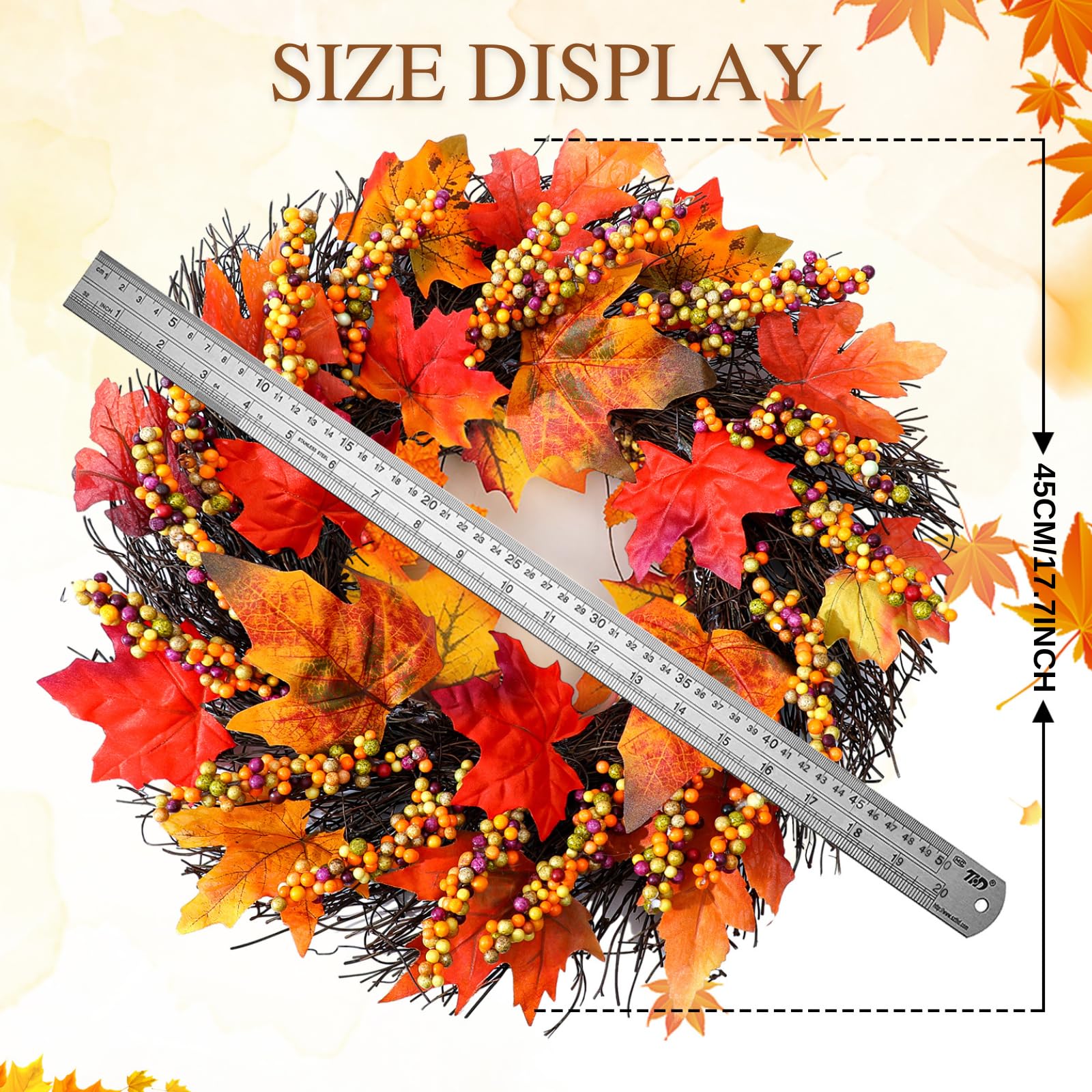 Souarts 17.5" Wreath Artificial Yellow and Red Leaves Wreath,Berries Maple Leaves Vine Rattan Weave Wreath Garland,on Home Wall Front Door Mall,for Christmas Birthday Wedding Festival Decor