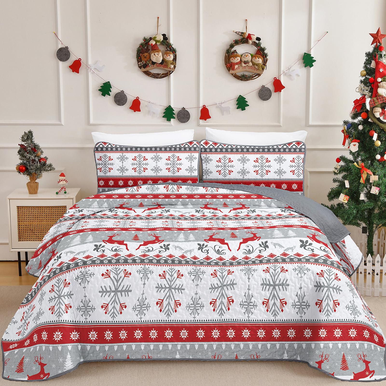 WONGS BEDDING Copriletto 220x240 Cm – Set Trapuntato In Microfibra Con 2 Federe 50x75, Stampa Albero Di Natale E Renna, Perfetto Per Un'atmosfera Festosa In Camera