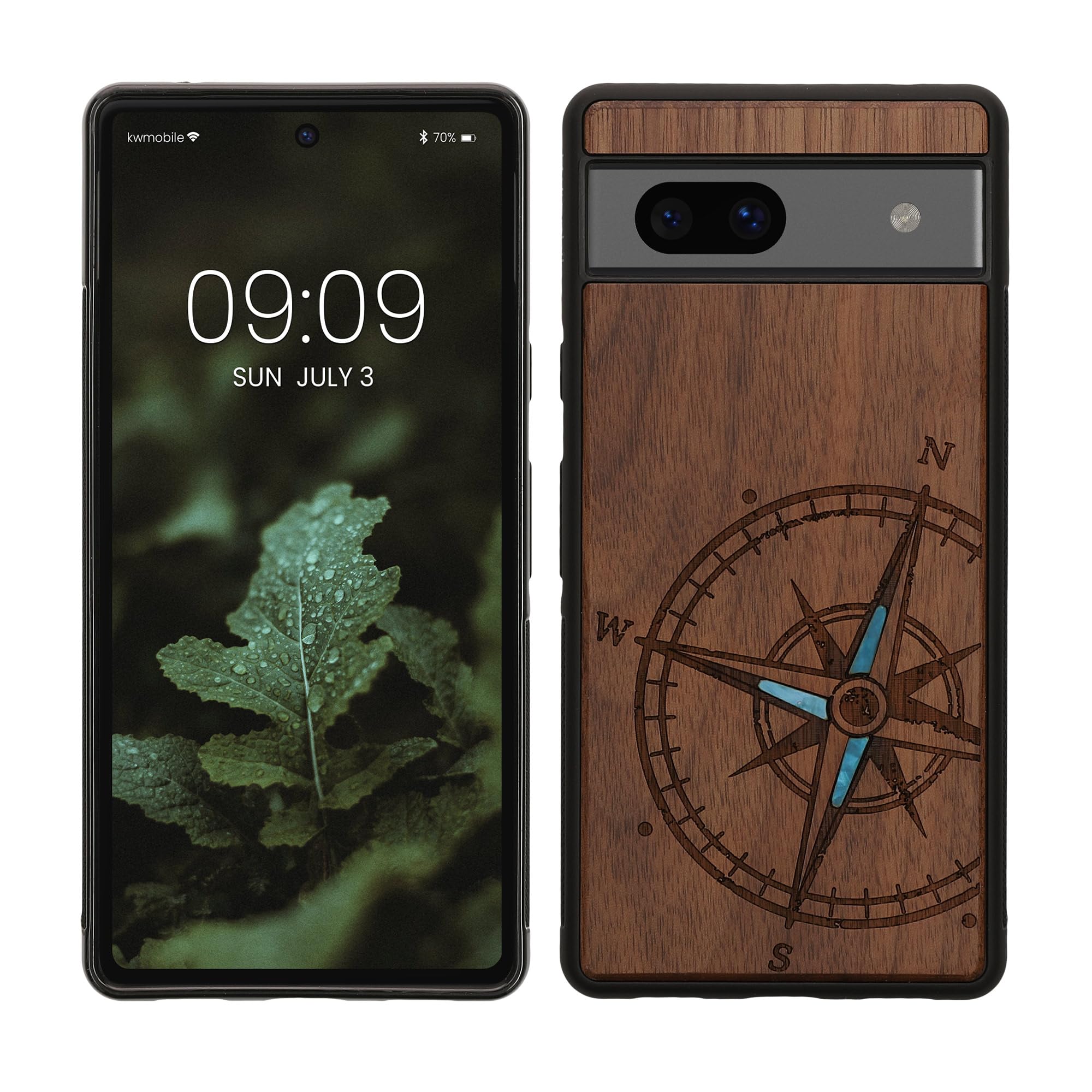 kwmobile Custodia Compatibile con Google Pixel 7a Cover - Back Case in Legno con Bumper in Silicone TPU - Sole Marrone Scuro