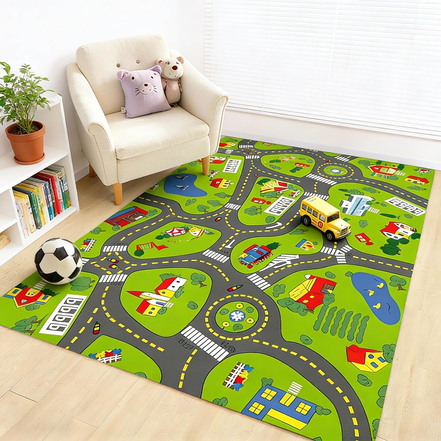 Non-Slip Kids Town Play Rug, 3x5 Ft Kids Road Playmat Rug for Toy Cars, Large Washable Car Track Mat for Bedroom Playroom Nursery