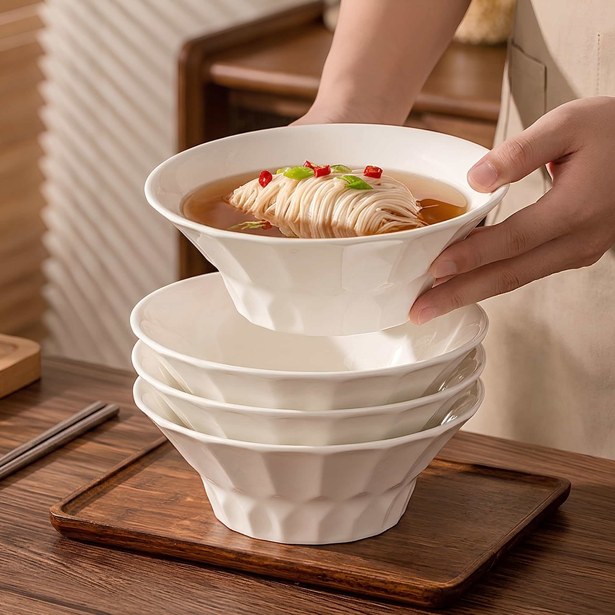 8-Inch White Ceramic Deep Ramen Bowls with Hammered Texture | Stackable Japanese Style Serving Bowls for Cereal, Soup, Noodle, Pho, Pasta, Salad, Fruit | Microwave & Dishwasher Safe, Set of 4-image-35