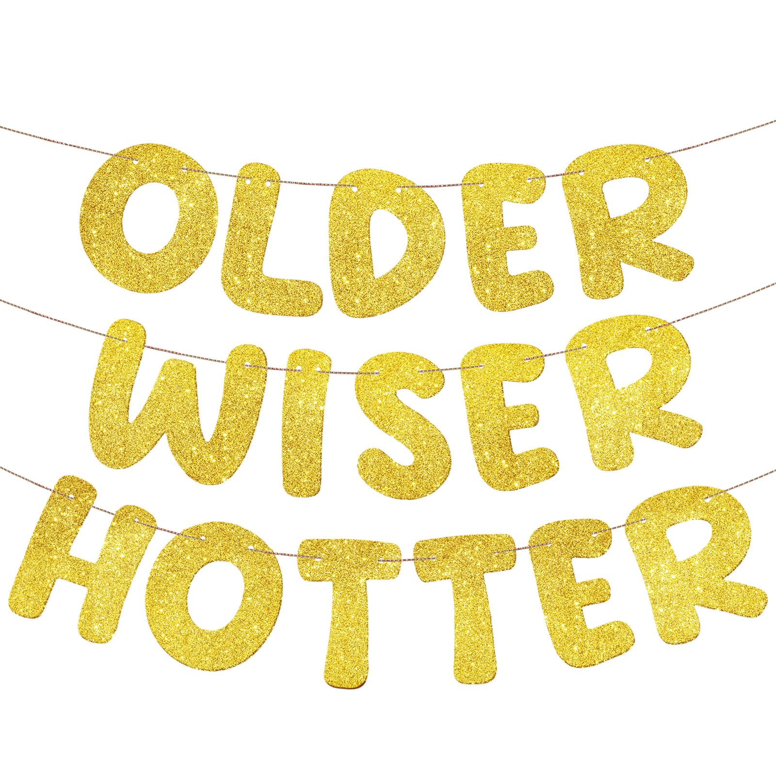 Fulmoon Set of 3 Pre Strung Older Wiser Hotter Glitter Banner Funny Birthday Banner for Women 30th 40th 50th 60th 70th 80th Birthday Party Decorations