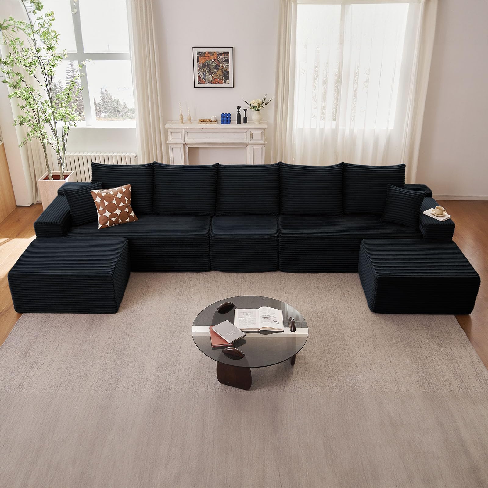 167.7" Sectional Cloud Couch for Living Room, Stupendous U Shaped Sofas, Modular Floor Deep-Seat Sofa, Big Comfy Corduroy Couches Set with Fluffy Memory Foam, No Assembly Required, Black