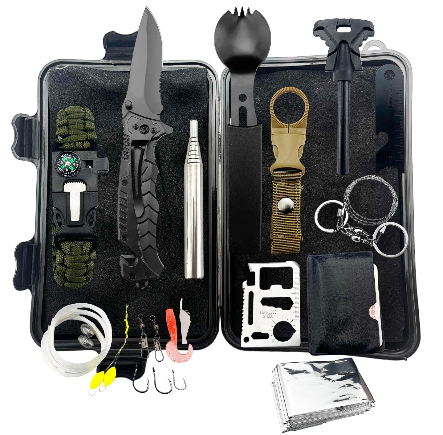 Survival Kit, Outdoor Erste-Hilfe-Set mit Klappmesser, Kompass, Angeln Zubehör für Camping, Bushcraft, Wandern, Bergsteigen, Schwarz