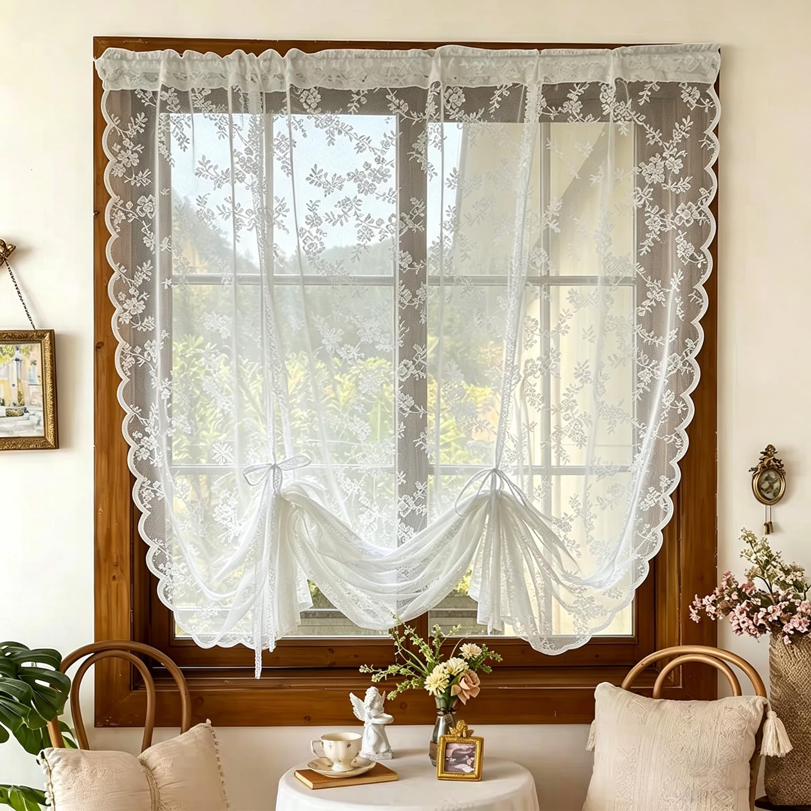 BSITSSS Floral Lace Curtains, Lace Valances for Windows Hollow, Drawstring Short Embroidery window valance, Lace Curtain Boho, Short Curtains Swag for Closet Kitchen Bedroom Living Room Cafe,1 Panel