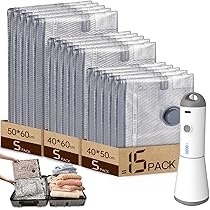 Vacbird Sacchetti Sottovuoto Vestiti con Pompa Sottovuoto Senza Fili, 15 Pezzi (5*40x50cm, 5*40x60cm, 5*50x60cm), Riutilizzabile Buste Sottovuoto Vestiti da Viaggio per Maglioni, Camicia, Viaggi