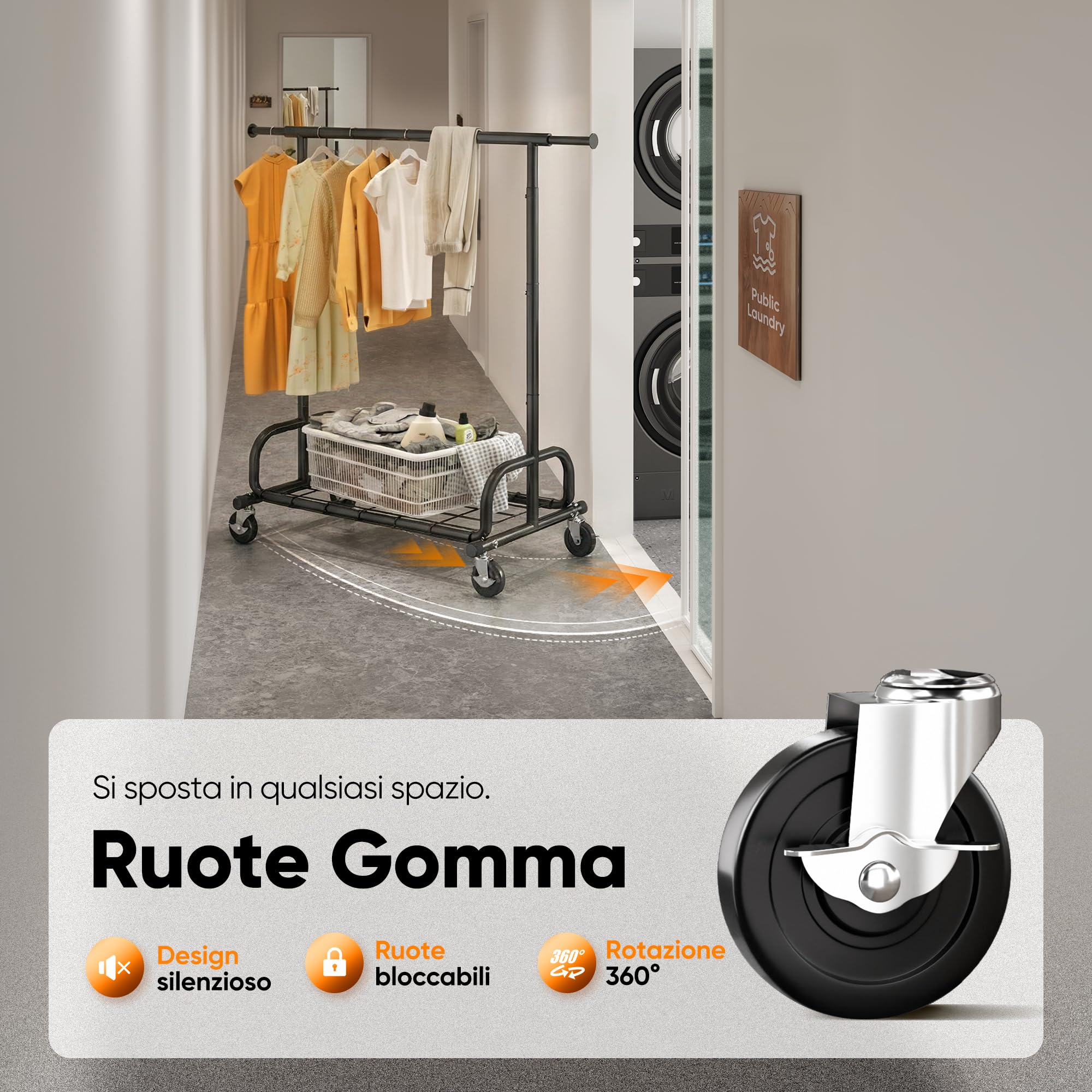 HOKEEPER Appendiabiti da Terra Resistente 136kg, Barra Estensibile con Ruote Bloccabili e Ripiano, Salvaspazio per Camera da Letto, Appartamento Piccolo, Lavanderia, Nero