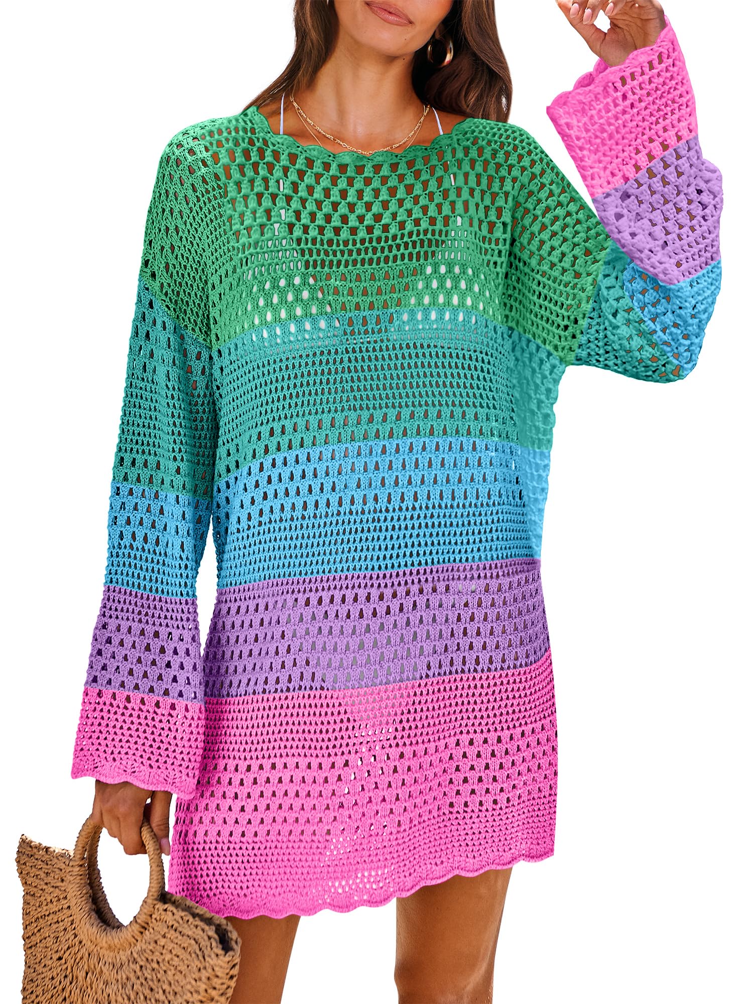 ANRABESS Women Swimsuit Cover Up Beach Crochet Bathing Suit Mini Dress
