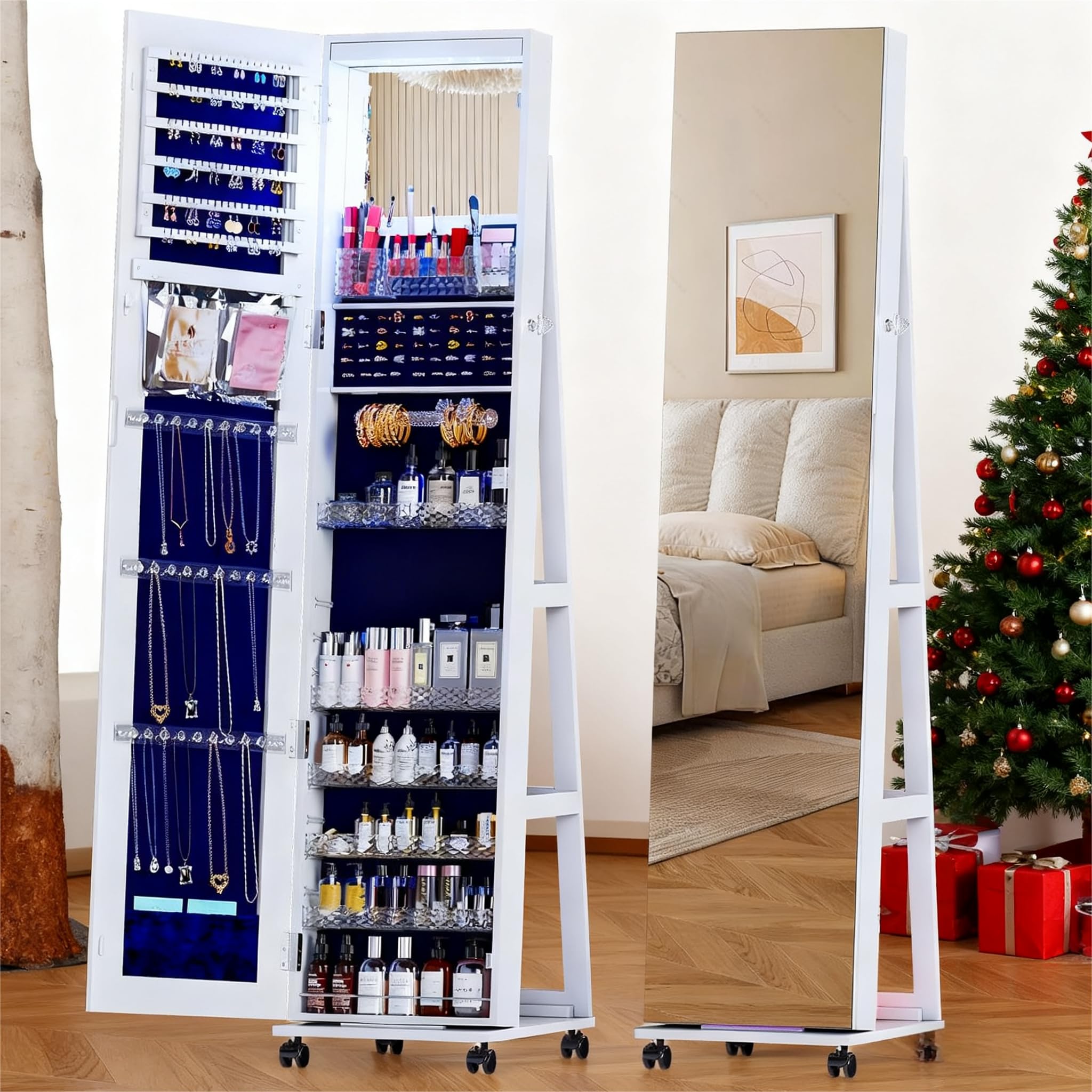 OUTDOOR DOIT 360° Rotating LED Jewelry Armoire with Lockable,Full Length Mirror Large Capacity Jewelry Organizer Armoire,Floor Standing Mirror with Back Storage Shelves for Bedroom,White