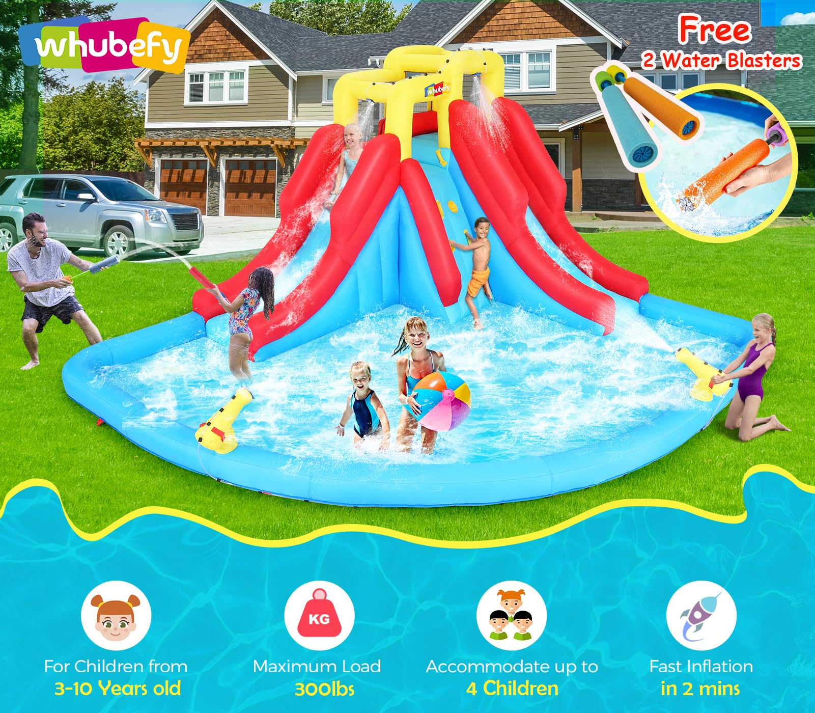 Whubefy 14.5x12.7ft Inflatable Water Slide 10 in 1 Kids Water Park Bounce House With 2 Water Slide, Top Sprayers, Climb Wall, Splash Pool, Blow up Water Slides Inflatables for Kids Backyard Waterslide