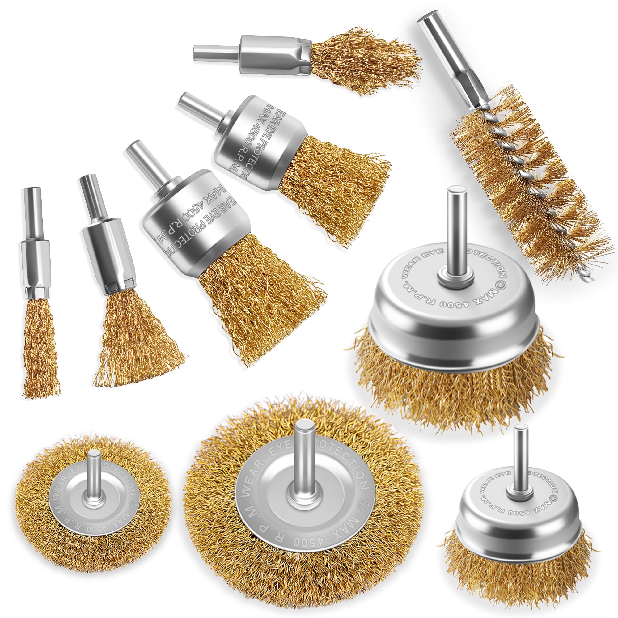 Wire Brushes drills set 10 pcs,Brass Coated Wire Brush Wheel , Cup Brush and Tube Brush Kit,10 Sizes Metal Brushes with 1/4 Inch Shank for Cleaning Rust ,Removing Paint and Cleaning Wood (gold)
