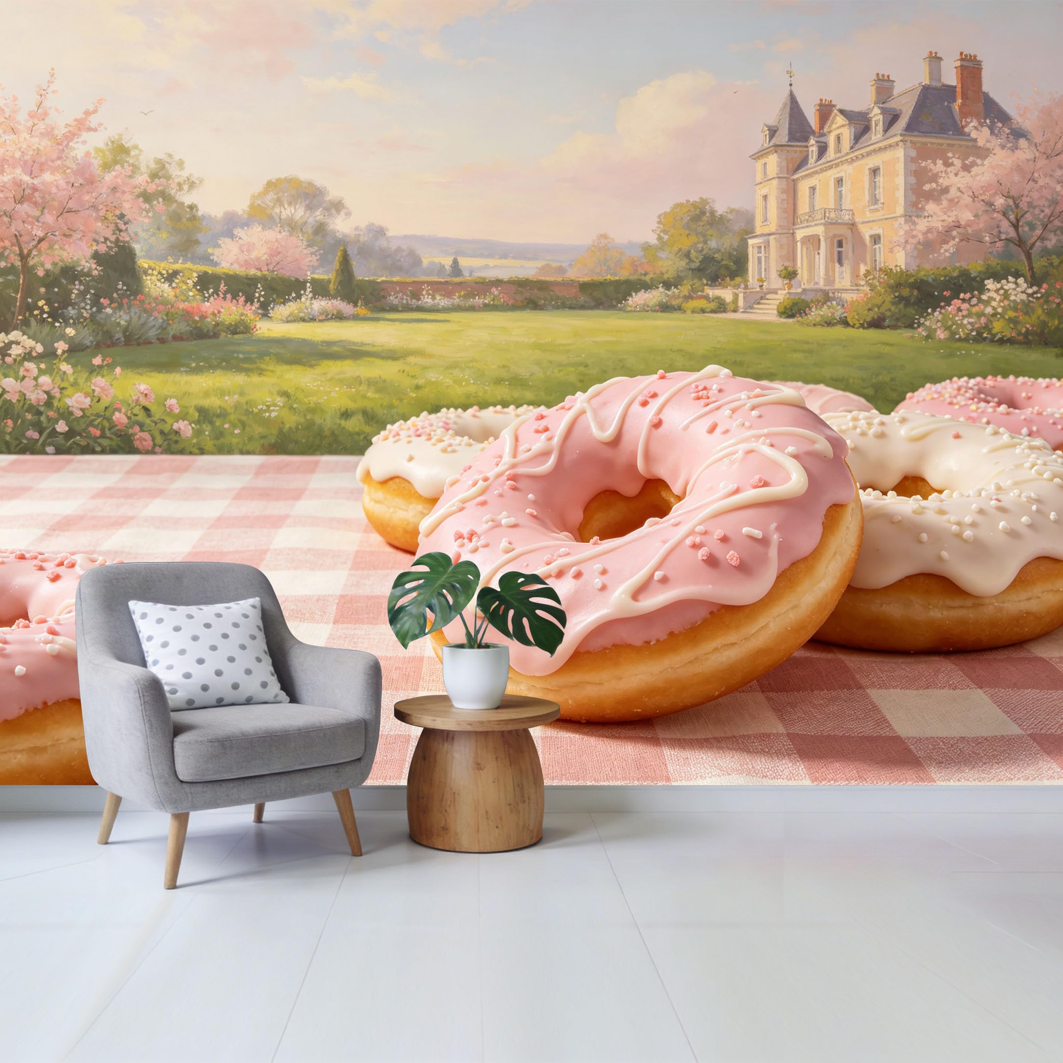 Qzlithotic Yq2605250741 Custom Size Wall Mural Pink Glazed Donut Picnic French Manor Garden Oil Painting Style Selfadhesive Wall Fabric Removable Wallpaper For Home Office Decor