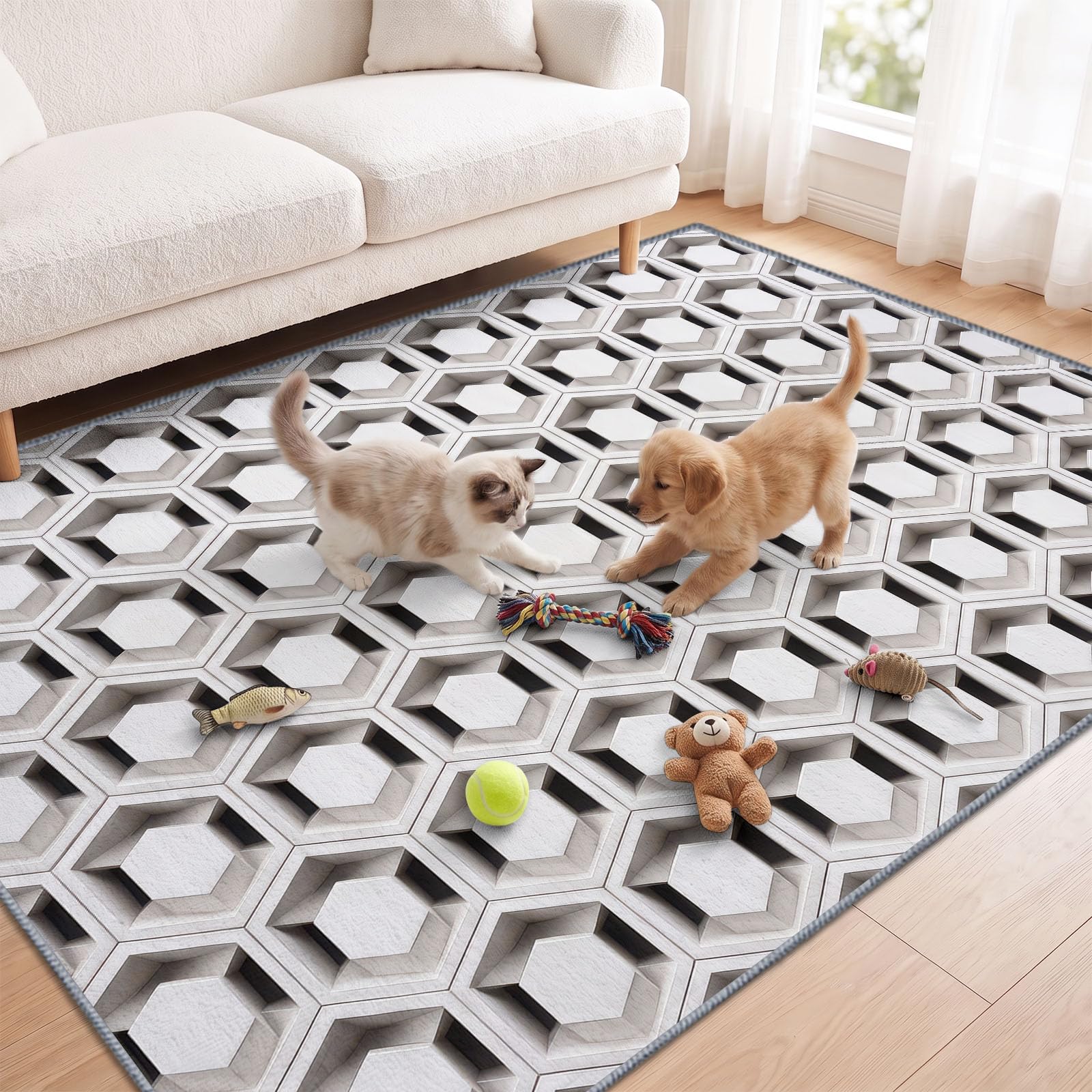 Grand Tapis Salon 140x200cm 3D Illusion Optique, Tapis de Salon Lavable en Machine Antidérapant à Poil Ras, Blanc Géométrique Hexagone Doux Tapis Chambre Adulte pour Salle à Manger Couloir