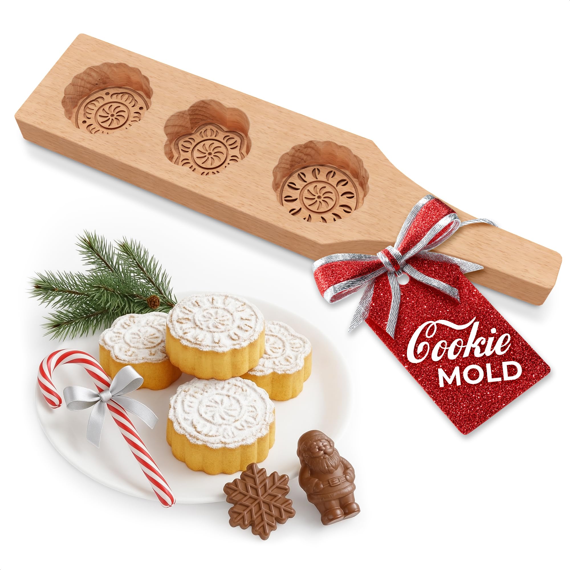 Wooden Cookie Molds for Baking - 11.8" Mooncake Mold in Handcrafted Wood for Shaping Cookie Dough - Maamoul Molds with 3 Floral Cavities for Forming Maamoul, Mooncakes, Shortbread & Festive Cookies