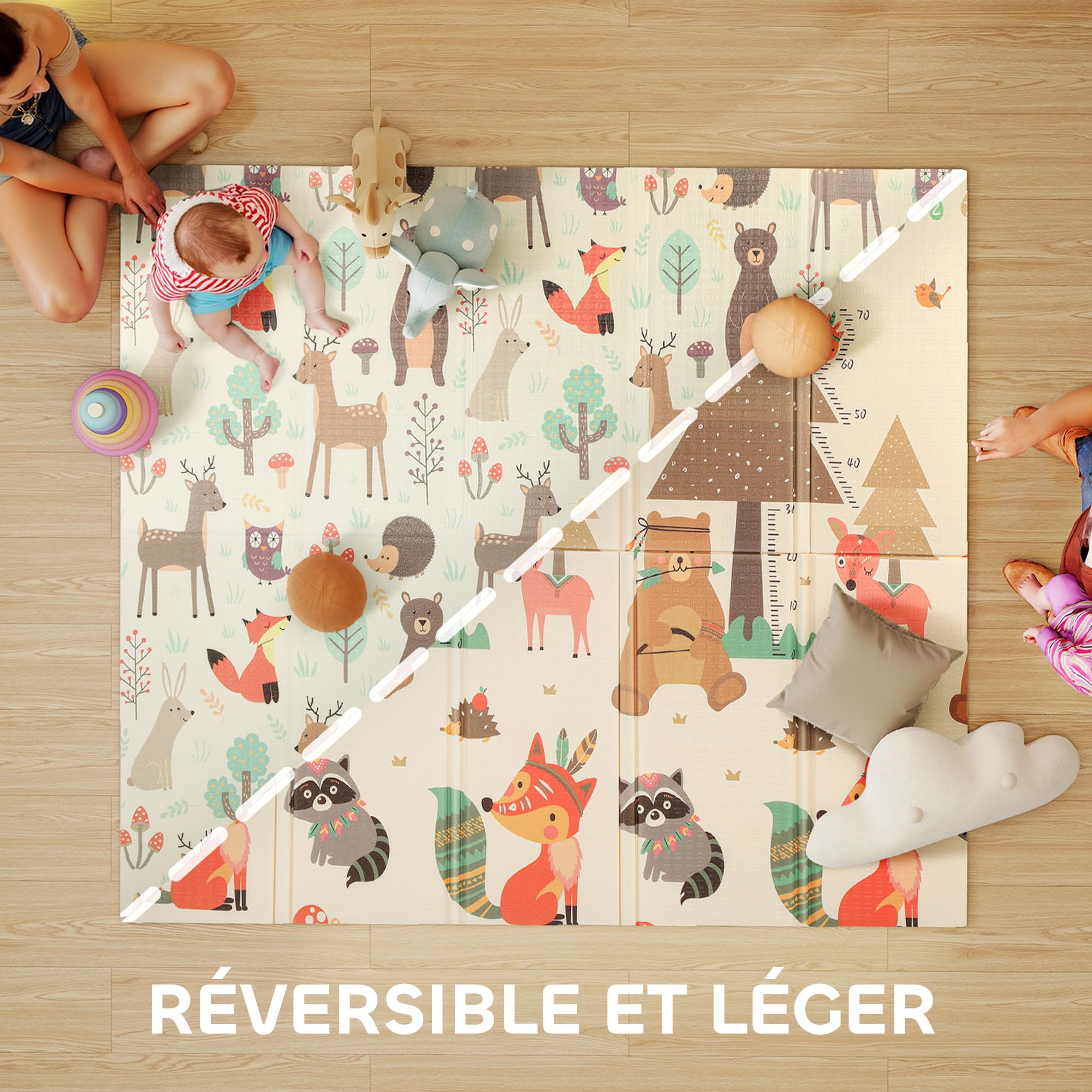 AIYAPLAY Tapis de jeu bébé pliable réversible 196 x 176 x 1,5 cm mousse épais antidérapant imperméable motif animaux