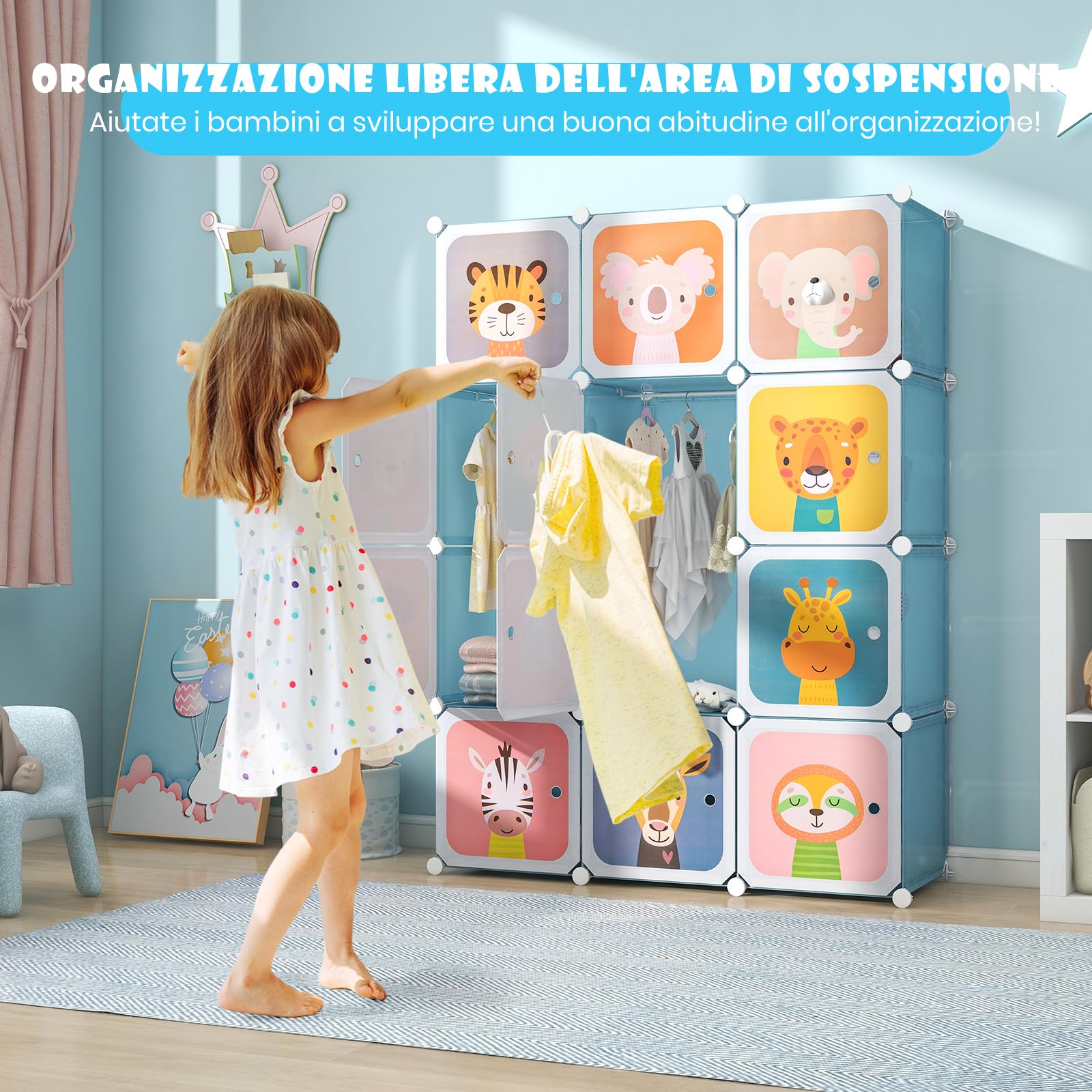 RELAX4LIFE Armadio Modulare a 8/12 Cubi per Bambini con 2 Barre Appendiabiti, 8/12 Ante, Mobile Salvaspazio per Cameretta e Asilo Nido, Portata di Ogni Cubo 10 KG (Animale-12 Cubi,Blu)