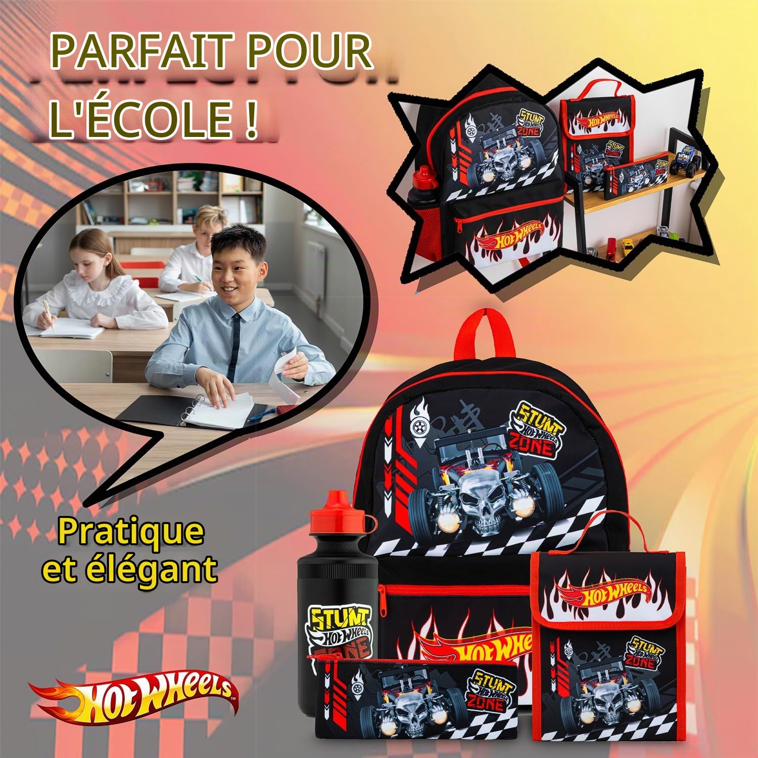 Hot Wheels Sac à dos pour enfant 4 pièces comprenant sac à déjeuner, bouteille d'eau et trousse à crayons
