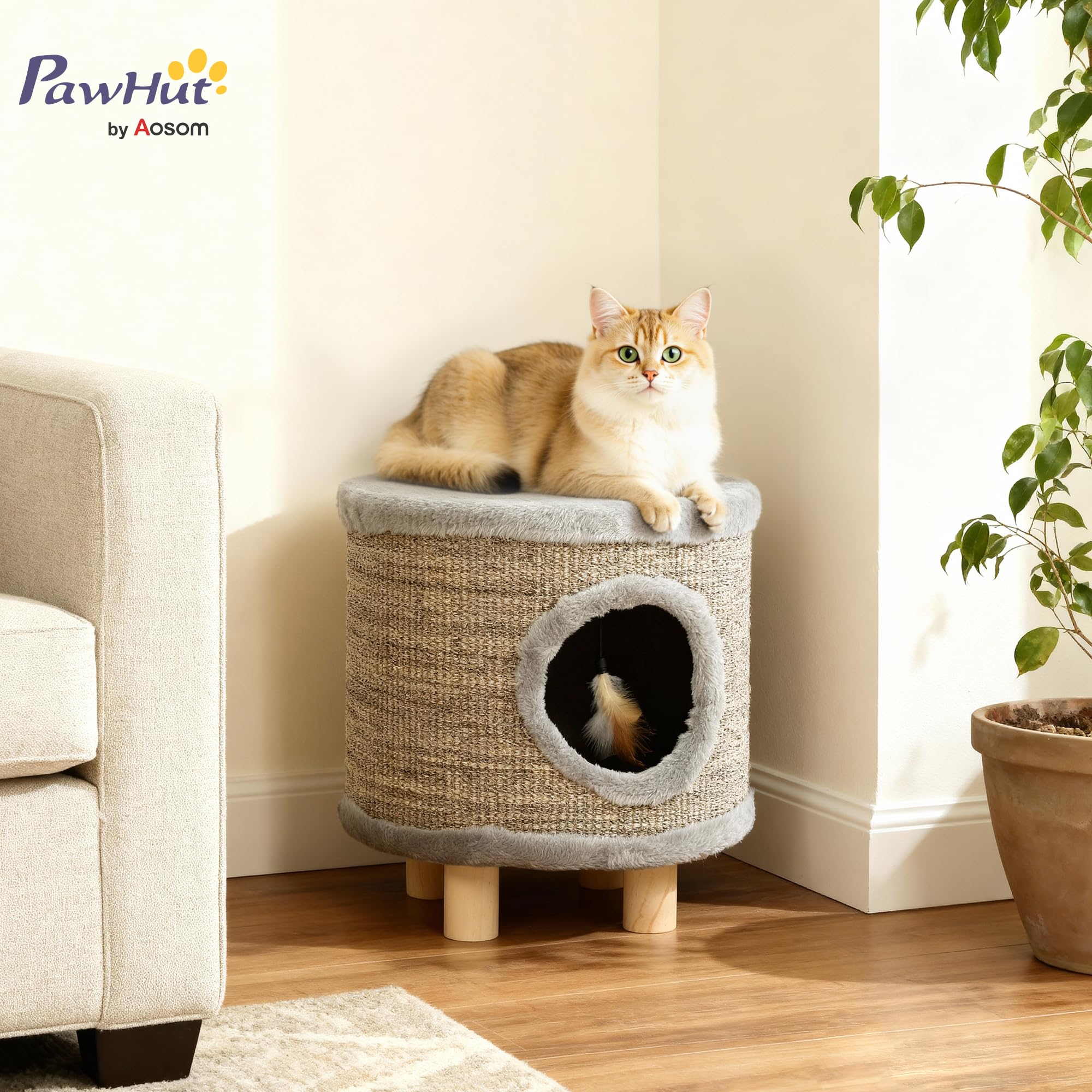 PawHut Casa para Gatos 3 en 1 Taburete, Reposapiés, Cama para Gatos con Rascador, Patas de Madera y Pluma Colgante, Cueva para Interior, 36x36x38 cm, Gris