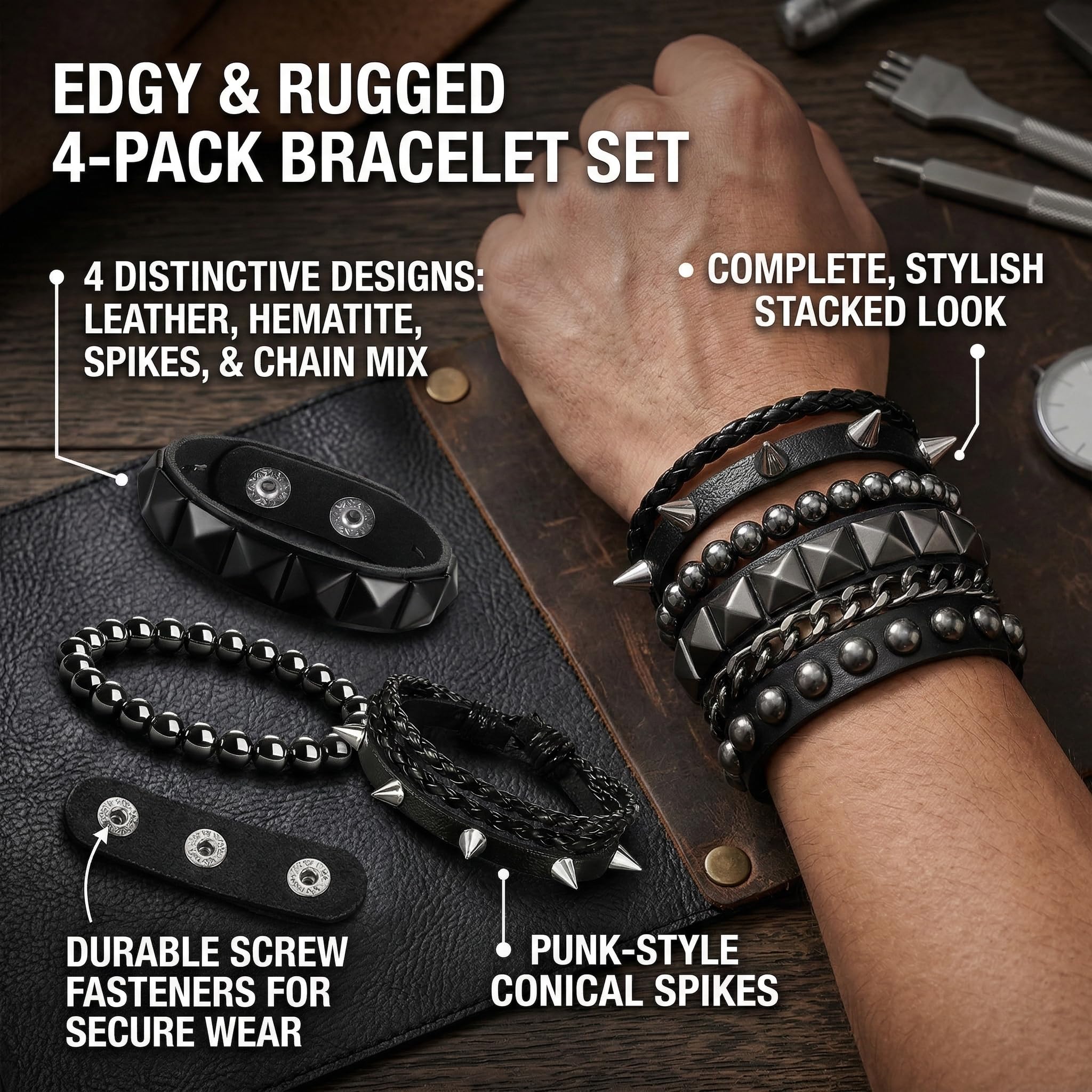 Set de Pulseras Punk Rock de Cuero para Hombres y Mujeres – 4 Pulseras Negras con Clavos Metálicos, Diseño Único para Fiestas y Regalos