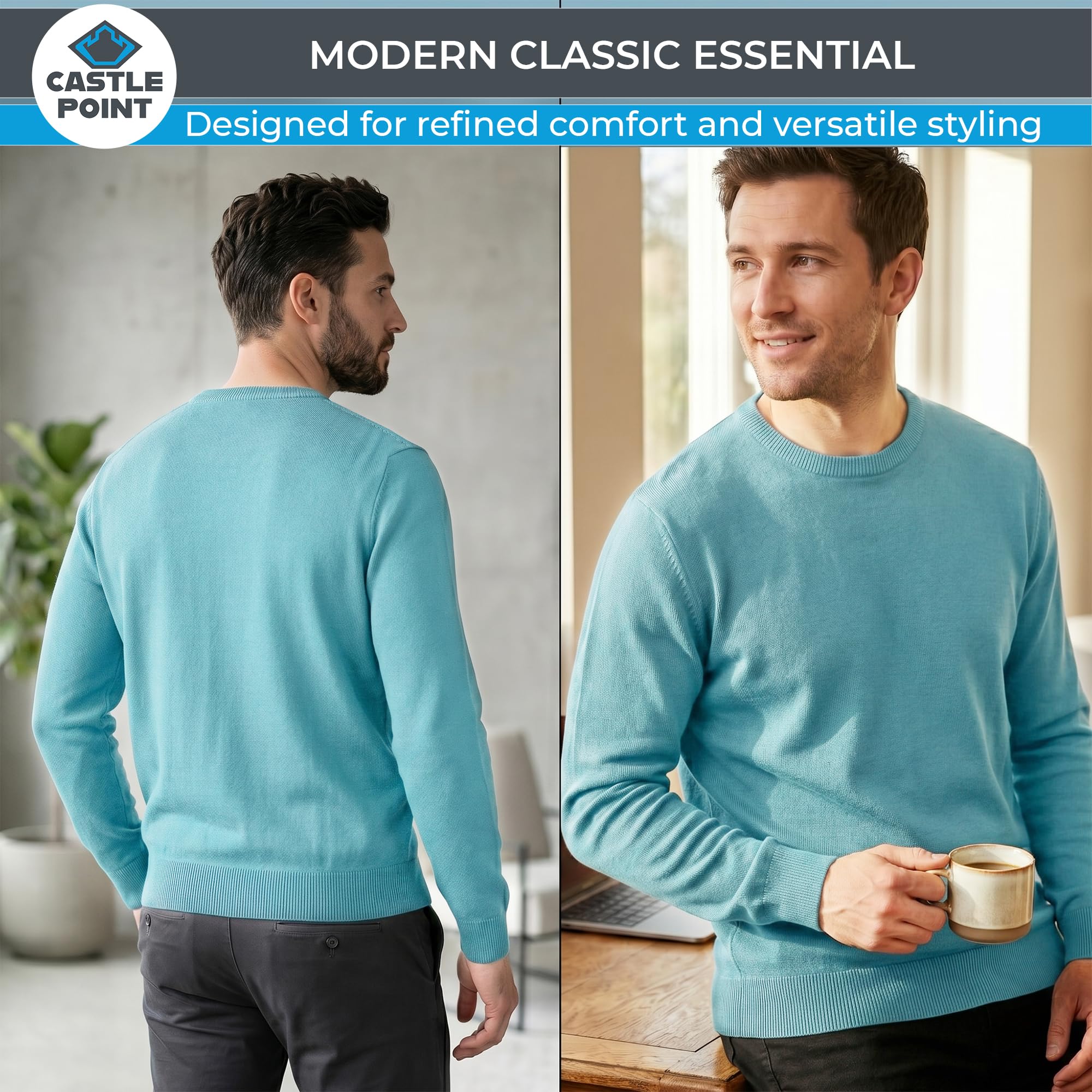 Castle Point Jersey Hombre 100% Algodón, Suéter de Punto con Cuello Redondo o en V, Ligero Clásico para Uso Diario y Estilo Casual
