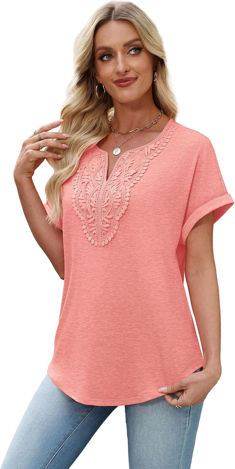 Sipaya Womens Blouses Dressy Casual Summer Shirts Short Sleeve Lace Front Boho Tunic Tops for Leggings Fashion Clothes - Image 4