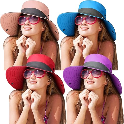 4 sombreros de verano para mujer, con protección UV, malla de ala ancha, gorras plegables de pesca en la playa con agujero para cola de caballo para