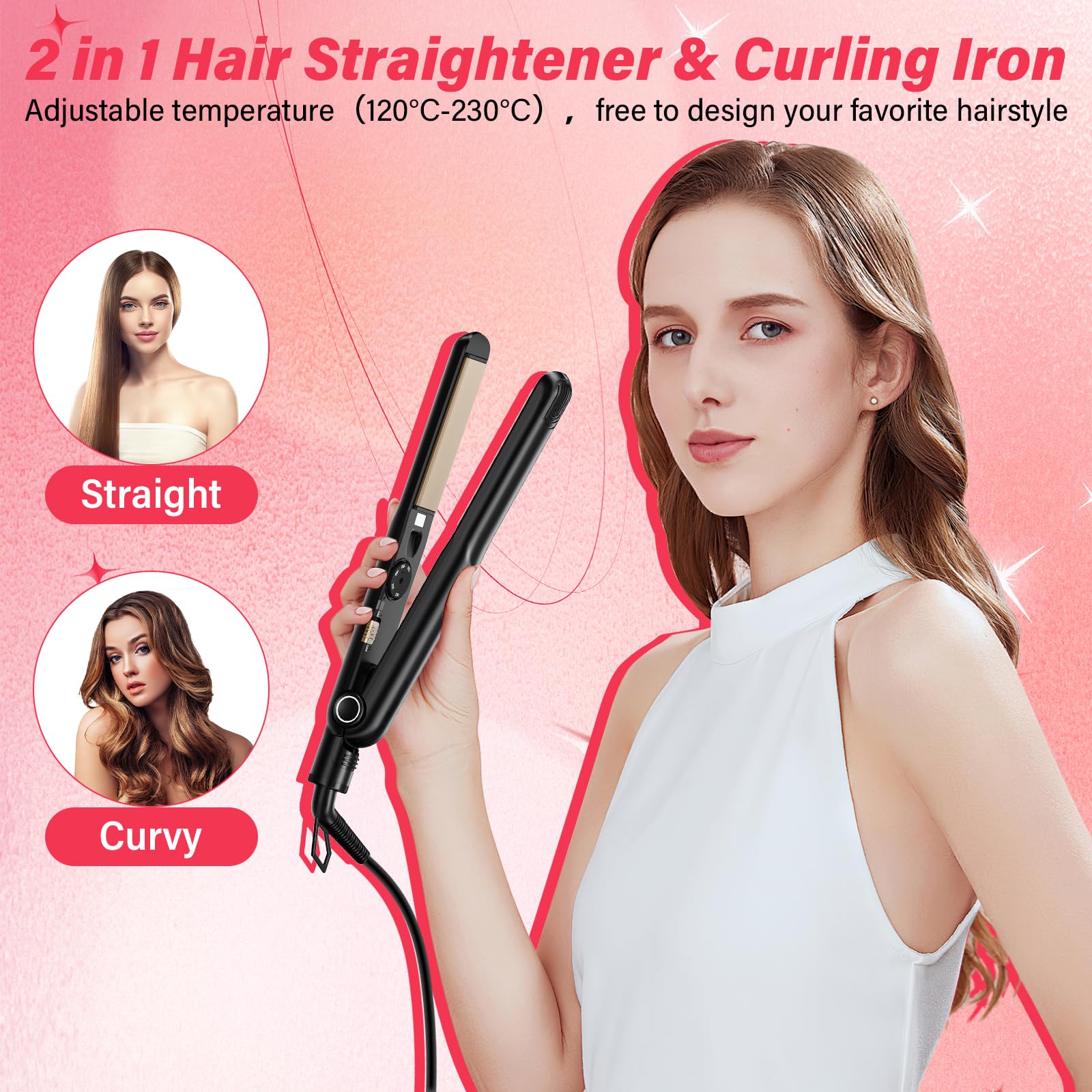 Piastra e Arricciacapelli 2 in 1, Riscaldamento a Piastre in Ceramica Anni '30, Temperatura Regolabile Della Piastra per Capelli (120℃-230℃), Adatto a Ragazze con Capelli Lisci e Ricci