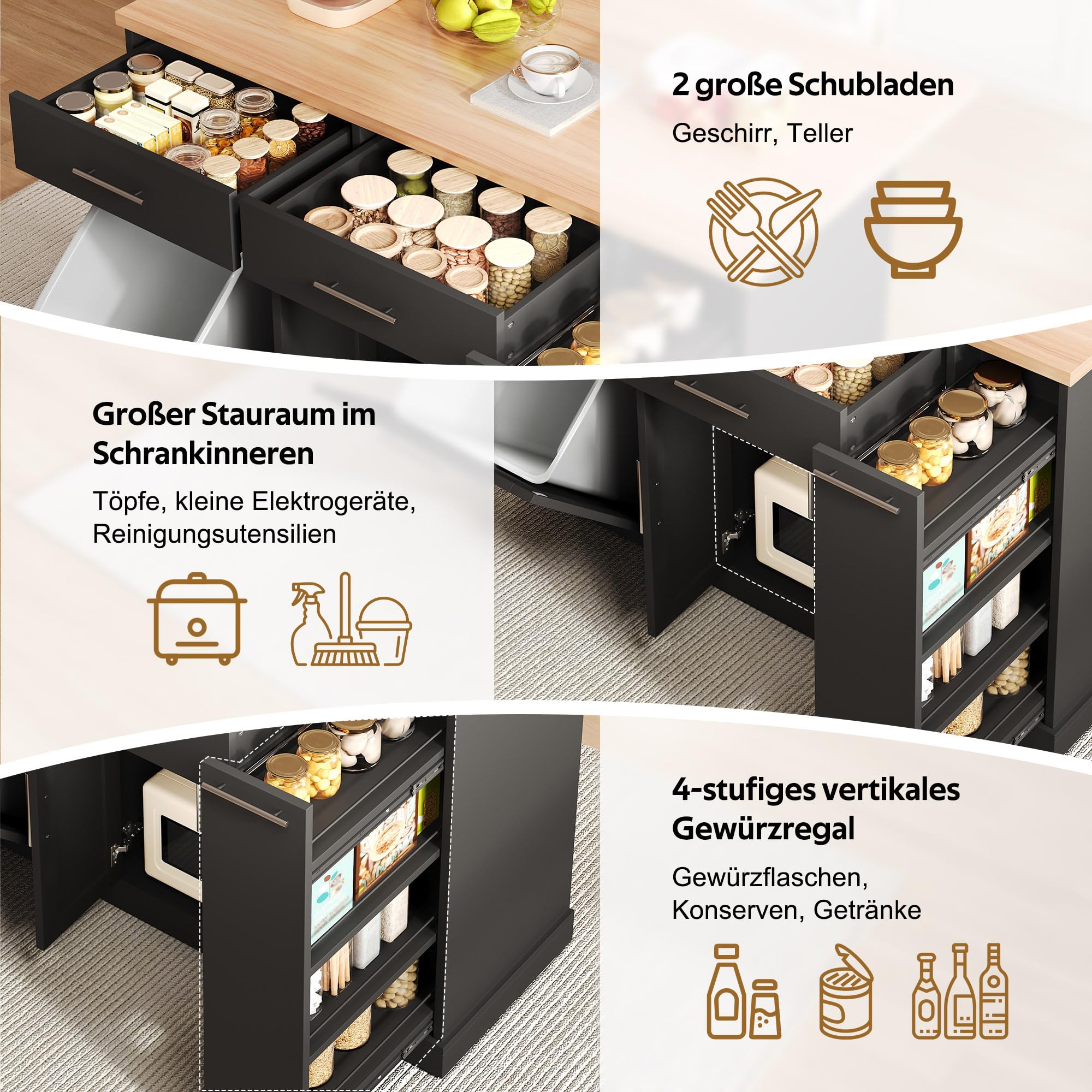Merax Kücheninsel auf Rollen mit klappbarer Arbeitsplatte,Küchenwagen mit verstecktem Müllschrank,4-stufigem Gewürzregal,2 Schubladen,feststellbaren Rollen,Mobile Kücheninsel120x45(70) x93 cm/Schwarz