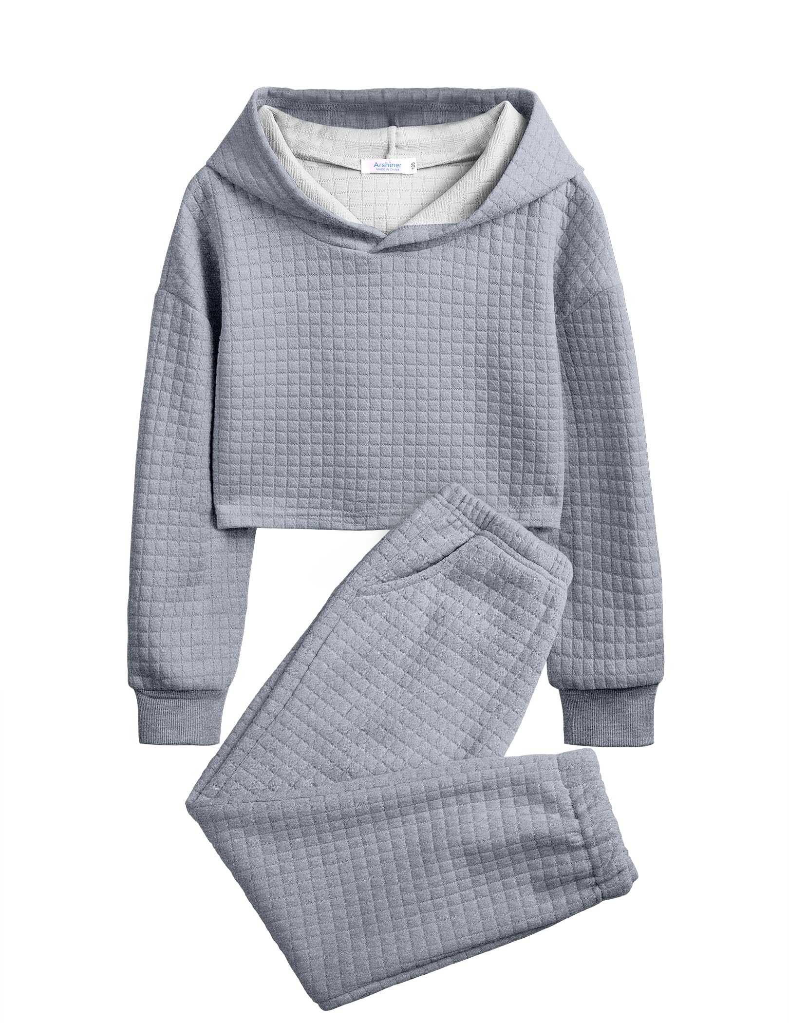 Arshiner Girls 2 Piece Outfit Waffle Knit Hooded Sweatshirt and Sweatpants