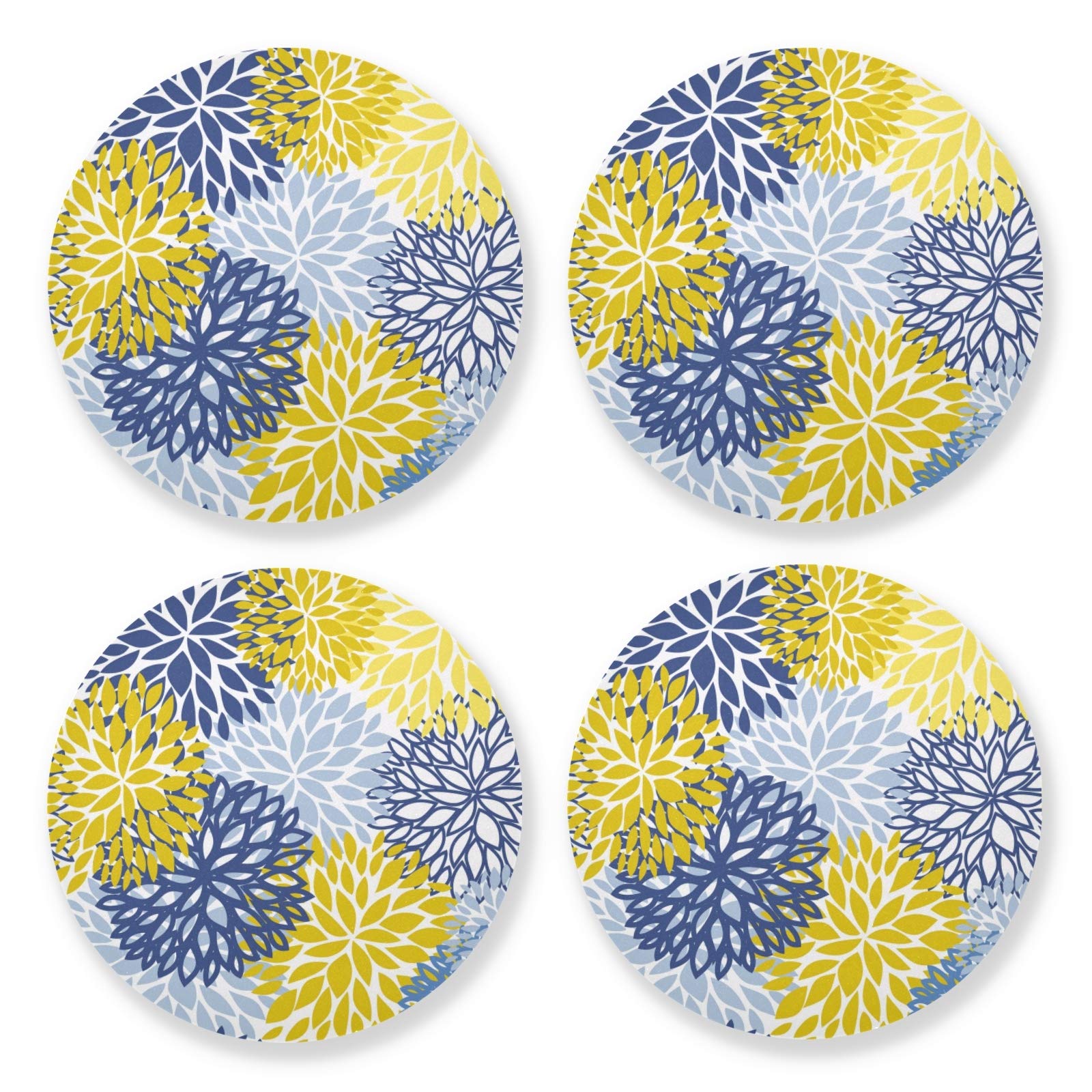Vibiliyou A Set of 4 Drink Coasters Featuring Blue,Yellow,and Navy Chrysanthemum Flowers,with a Cork Base,Perfect for Desk Drinks and Mugs,Making Them Ideal for Tabletop Use Coffee Bar Accessories