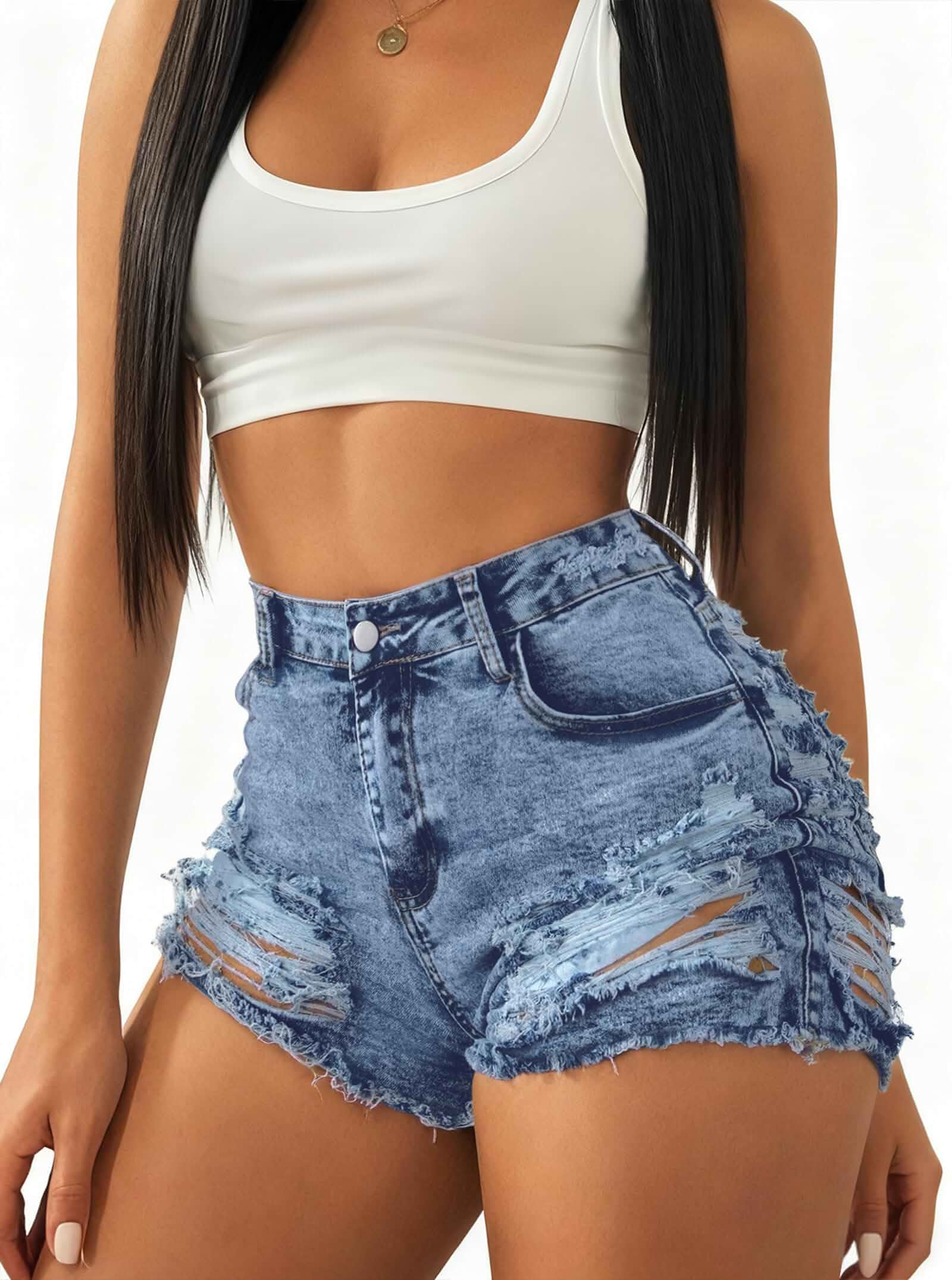 Womens Jean Shorts High Waisted Ripped Distressed Denim Shorts Stretchy, Raw Hem Edge,Pockets, Zip Fly, Hot Pants Shorts, Sexy Casual Streetwear, Vacation