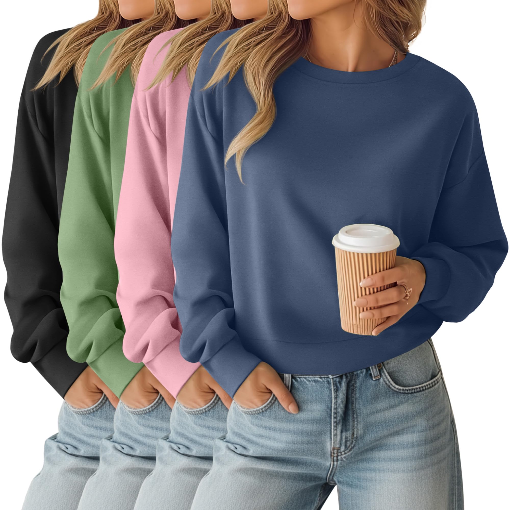 Geyoga 4 Piezas Sudaderas Cortas para Mujer de Manga Larga Cuello Redondo Corte Holgado Sudaderas Térmicas de Punto