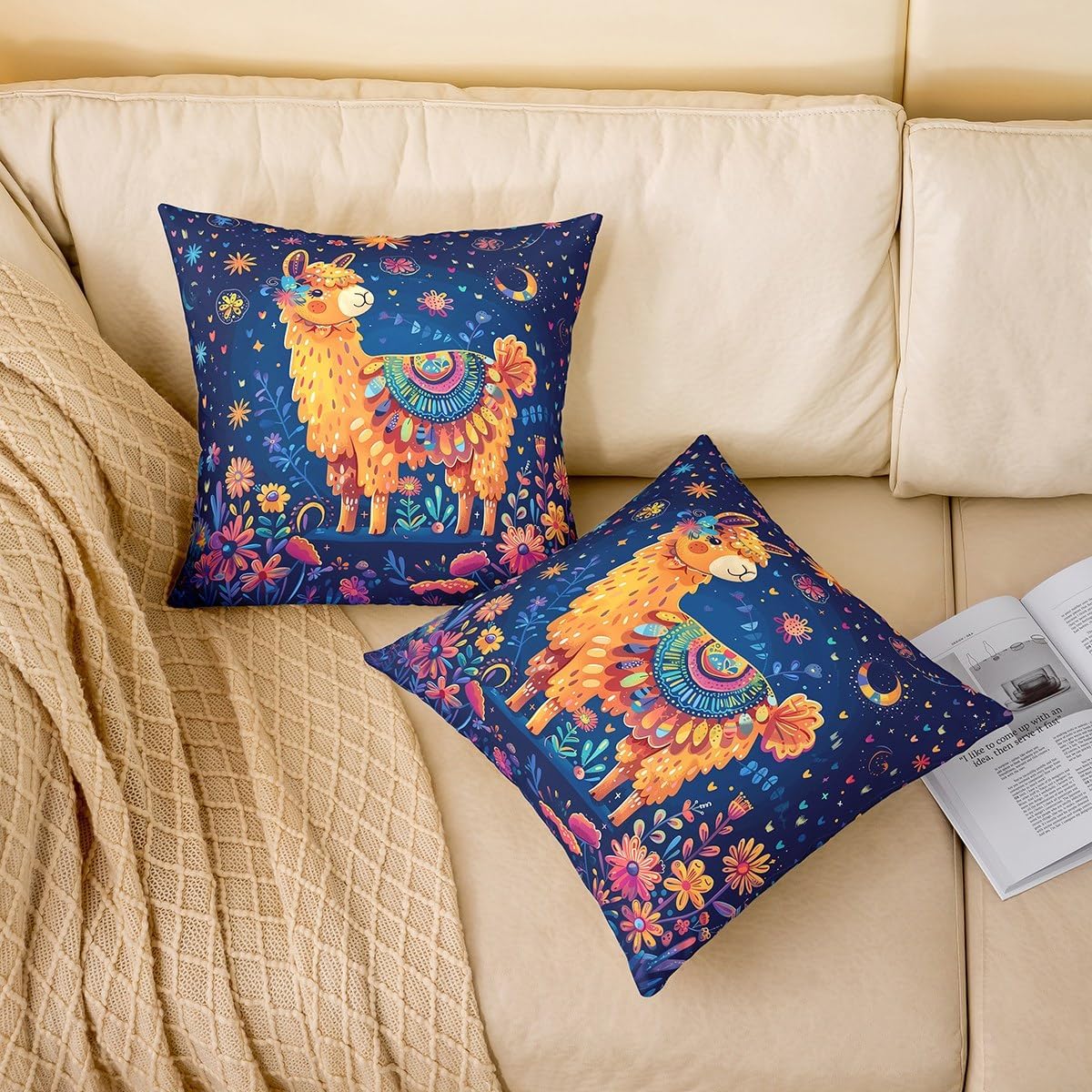 Exotic Alpaca Pillow Cover Cartoon Cute Animal Bohemian Style Pillow Case for Kids Teens Adults Hippie Daisy Moon Hearts Graffiti Cushion Cover for Chairs Bedroom 24x24 Inch image 2