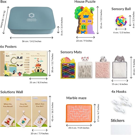 ODOXIA Calm Down Corner Kit for Classrooms | Sensory Tools for Kids | Includes Plush, Posters, Solutions Wall, Fidget Toys | Special Education | School Items for Children