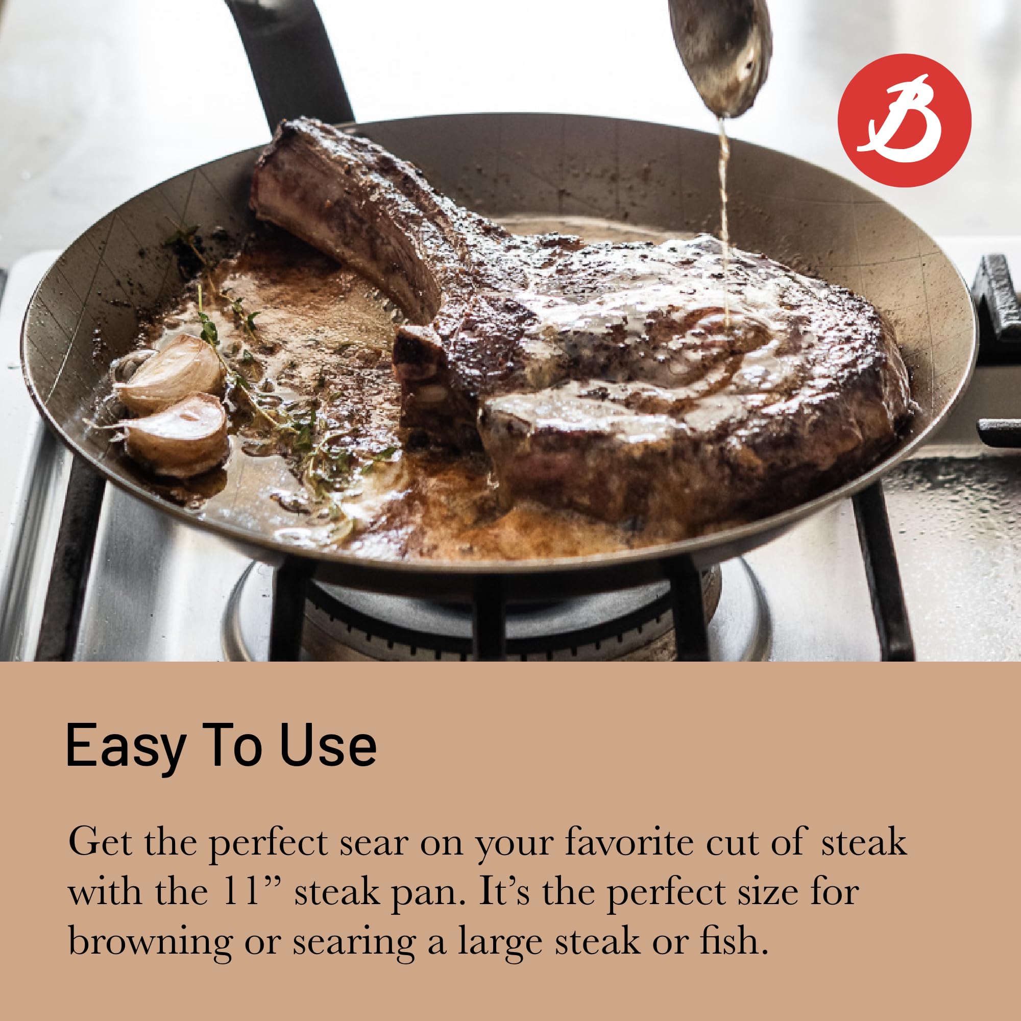 De Buyer - Poêle à steak en tôle d'acier MINERAL B - 28 cm - Fabriquée en France, Anti Adhérence Naturelle, Queue Rivetée et Finition à la Cire d'Abeille, Tous Feux + Flash Four
