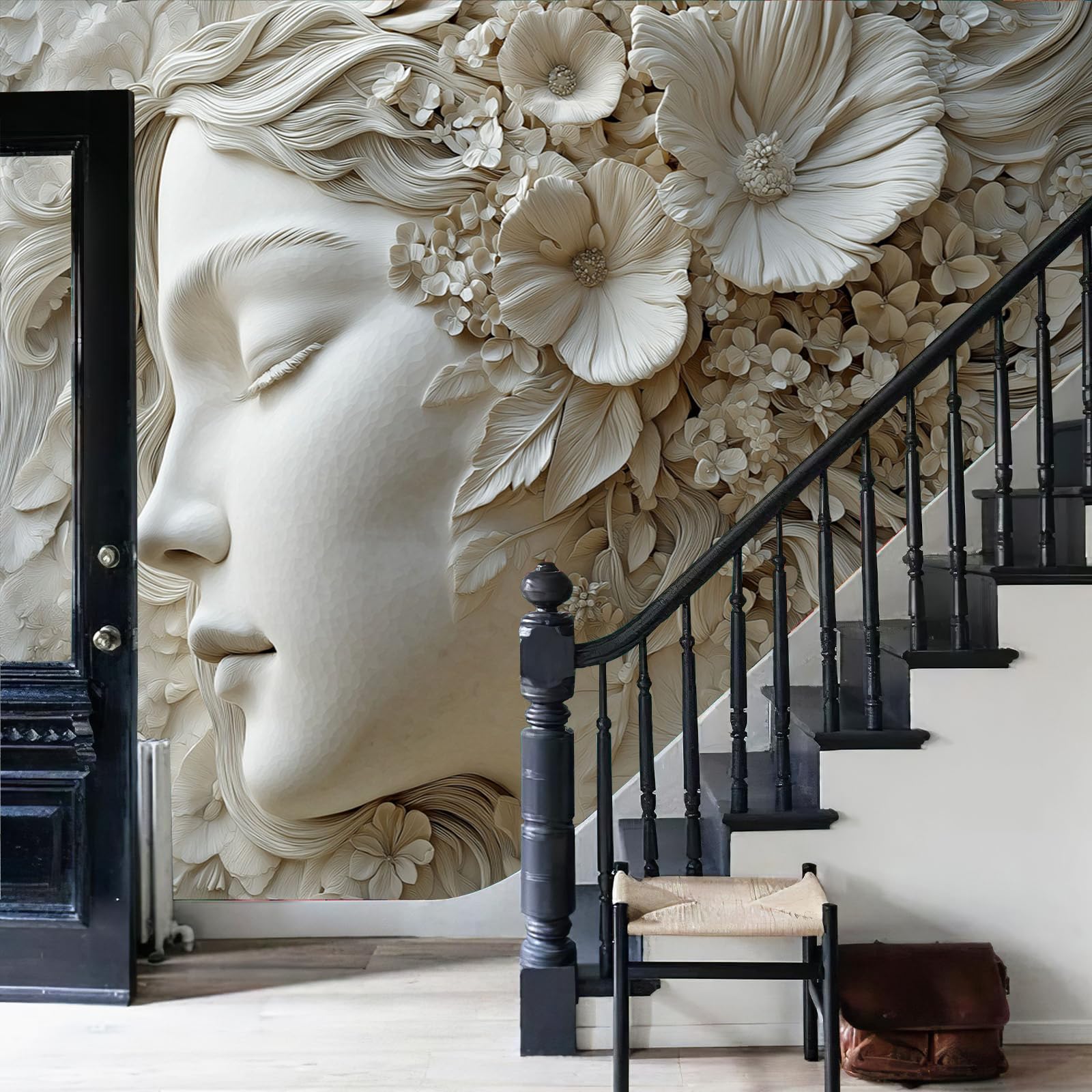 Carta Da Parati Delicato Donna Viso 250×170cm Wallpaper Carta Da Parati Murale 3D, Fiori Foresta Fotomurali Moderni Per Soggiorno E Camera Da Letto, XL Decorazione Murale 3D, Grigio