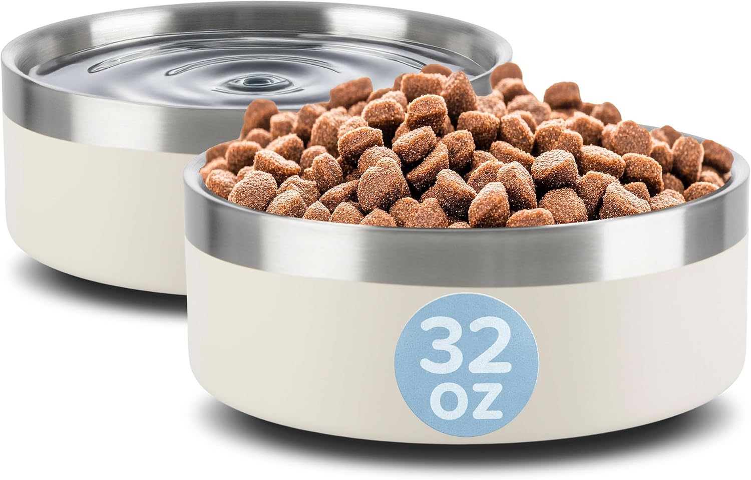 Set of 2 Stainless Steel Dog Bowls - 32oz or 4 Cups Double Wall Insulated Food and Water Bowls for Dogs and Cats, Non Slip Metal Pet Dishes for Small-Medium Pets, Puppy Essentials by PETMAKER (Cream)