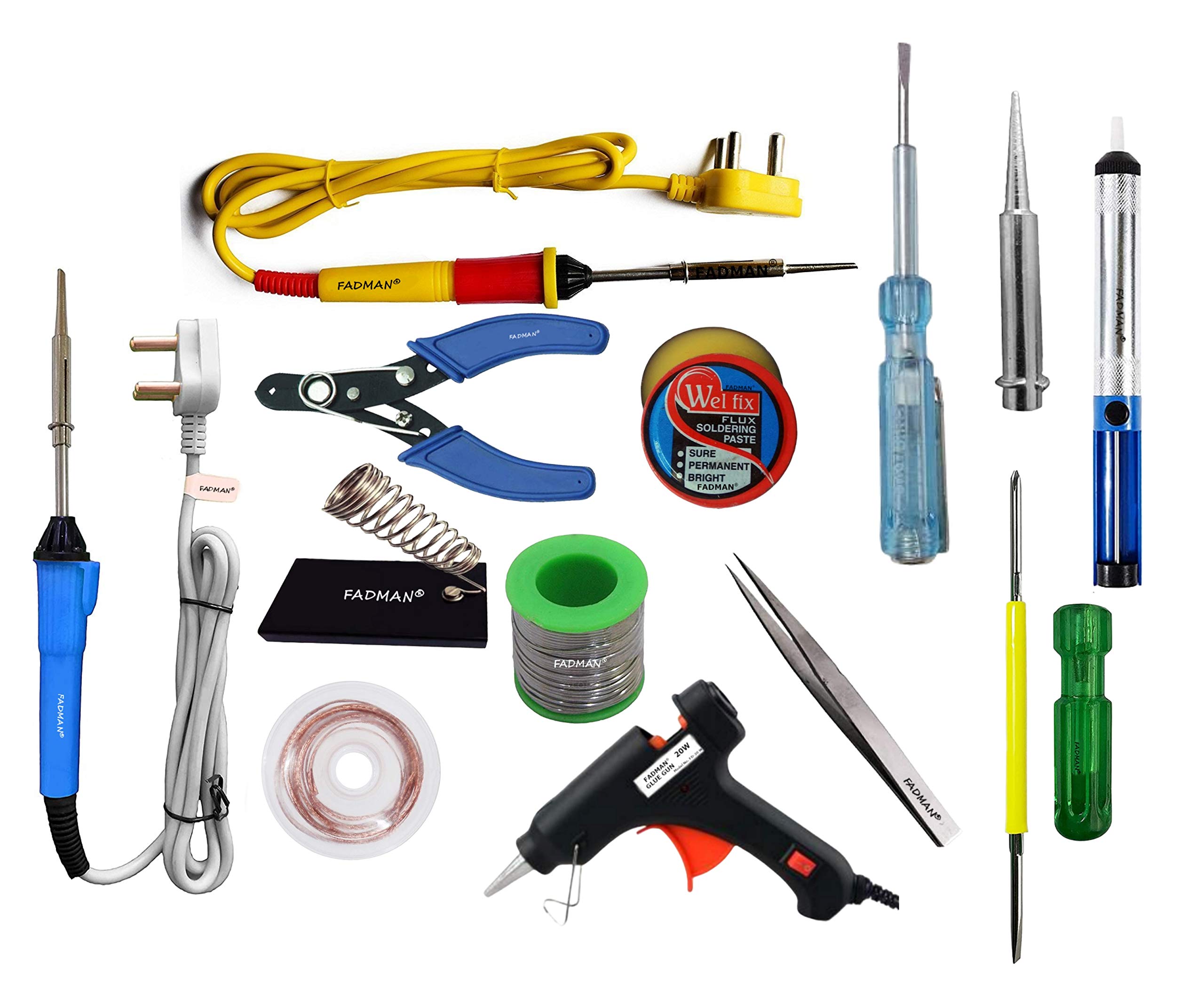 FADMAN Soldering Iron 25 W Simple - 2 | Cutter | Paste | Tester | Bit | Desolder Pump | ScrewDriver | Stand | Wick | Solder Wire | Tweezer | Glue Gun 20W Black | (Yellow+Red) (Blue+Grey)