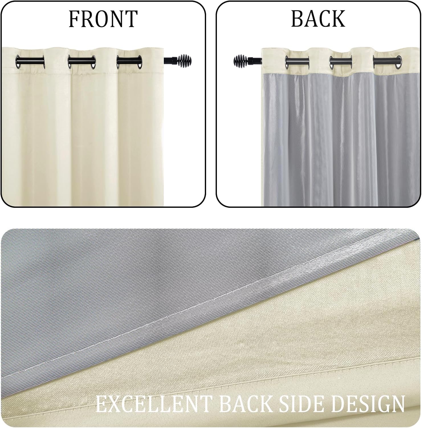DWCN 100% Blackout Curtains with Tiebacks, Double Layer Thermal Insulated Room Darkening Noise Reducing Grommet Window Curtain Drapes with Black Liner for Kitchen Light Beige, 42 x 63 Inch, 2 Panels