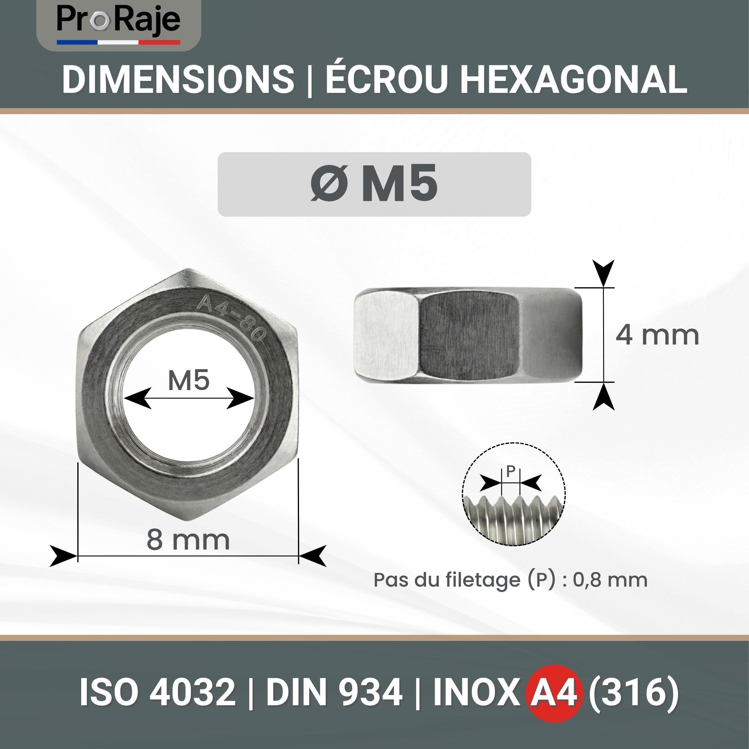 Dado inox M5 esagonale HU in acciaio inox A4 per viti, aste filettate, bulloni Ø 5 mm / diam. 5 mm | Dadi DIN 934/ISO 4032 | Viteria inox A4-80 (V4A/316): set di 50 pezzi