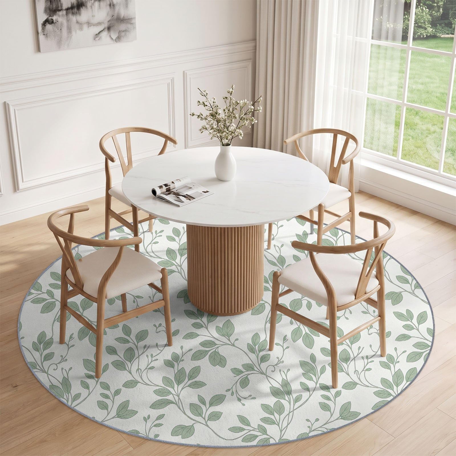 Campagne Minimaliste Tapis Salon 160 cm Feuilles Feuillage Vigne Botanique Vert Blanc Rond Lavable en Machine | Chambre Rugs, Descente de Lit Carpets, AntidéRapant, Chambre Carpet, Doux Poil Ras