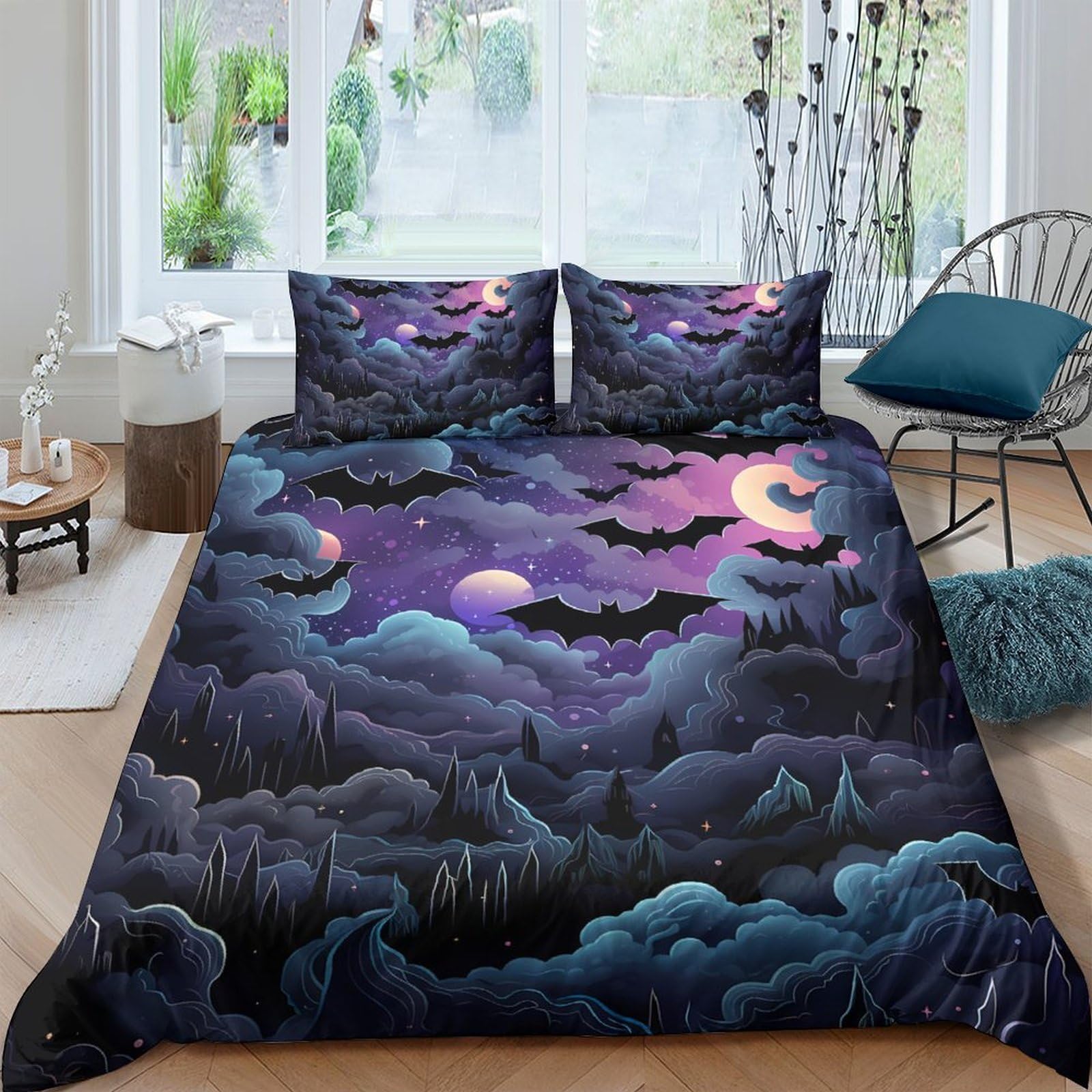Ctjqhvkz Style-5 3D Printed Dark Night Bat Fitted Sheet Microfiber Soft Breathable Moon Cloud Mattress Cover For Bedroom Decor Single（135X200cm）