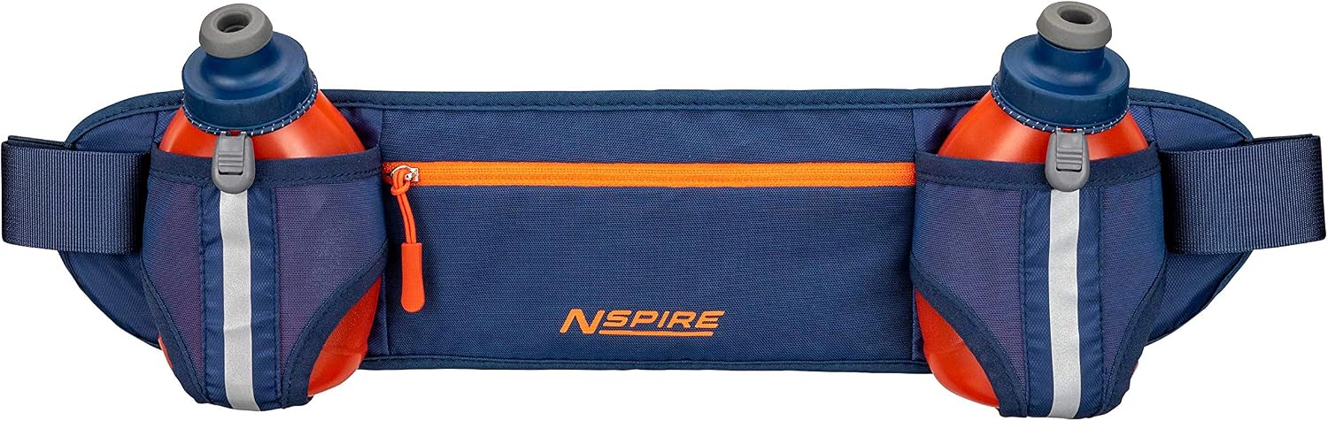 Nspire Dual Bottle Hydration Belt - Adjustable Running Hiking Walking Belt - Includes 2 Bottles – Storage Pocket for iPhone, Samsung, Keys, Snacks etc., True Navy / Tigerlily
