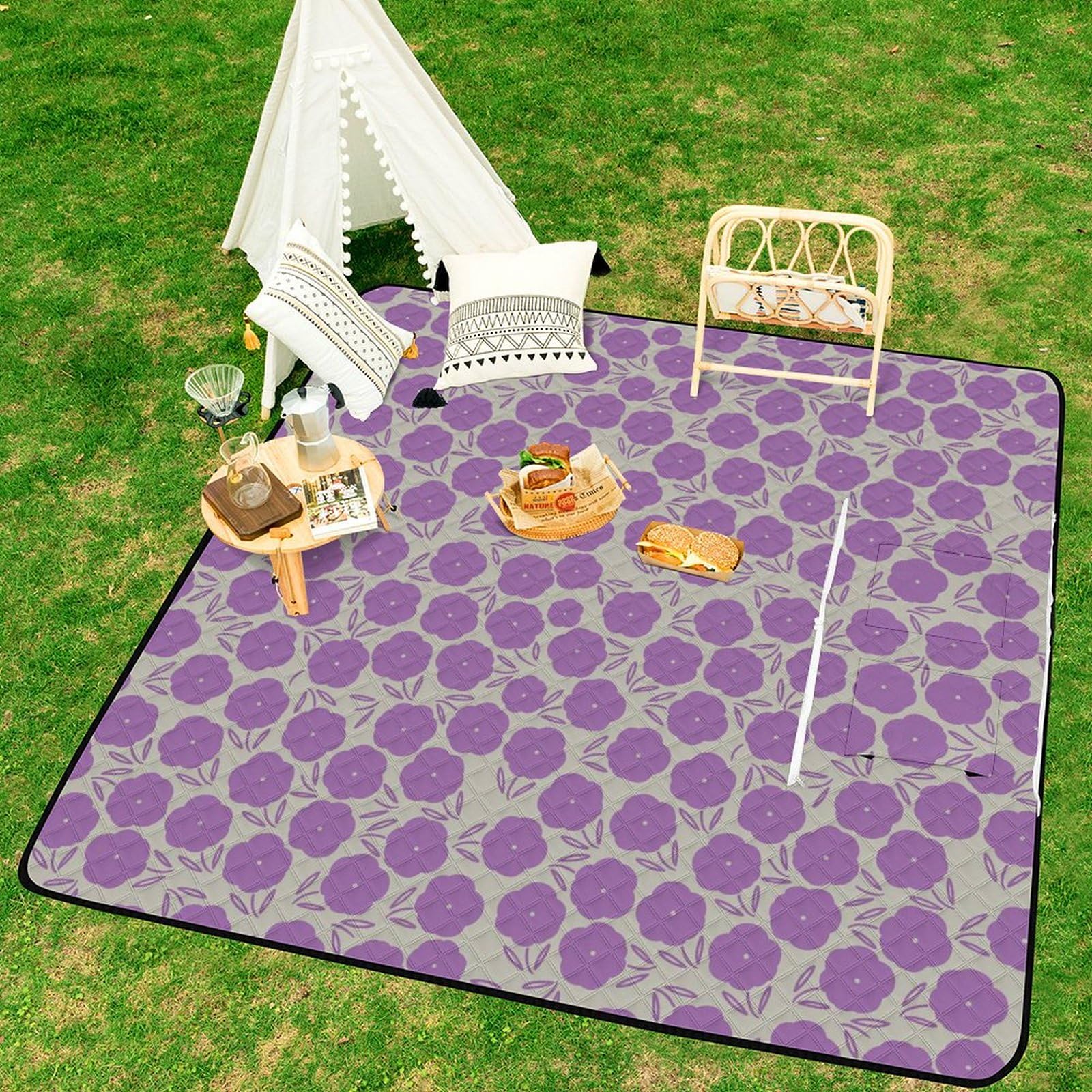 3D Impression Fleurs-White-Repeat-Purple Couverture Pique Nique Tapis Pique Nique Nappe Picnic Couverture De Pique-Nique pour Le Voyage, Le Camping, Les Vacances, Etc 200x200cm