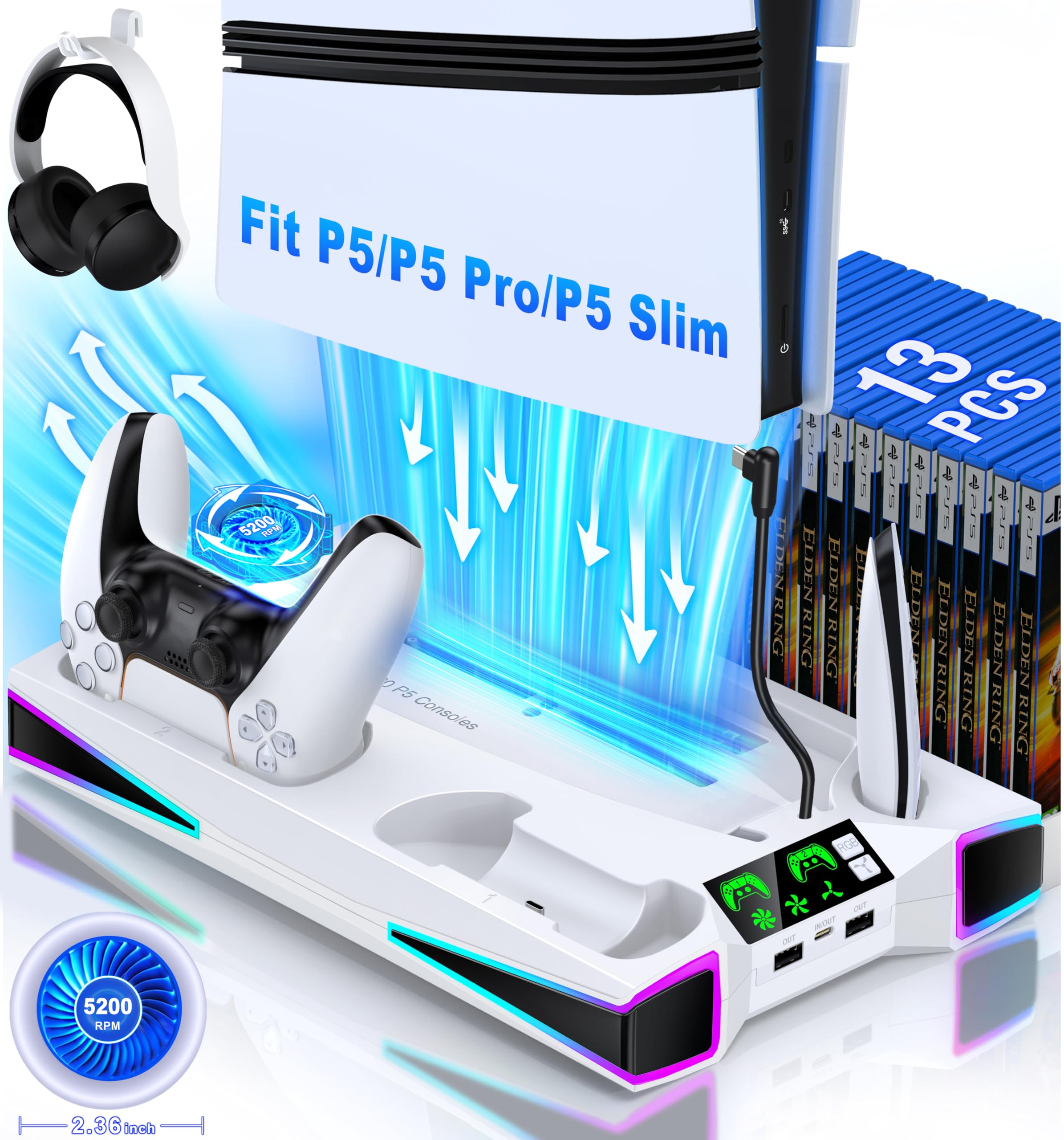 Kawaye PS5 Stand PS5 Cooling Station for Playstation 5 Pro Slim Console PS5 Accessories Vertical Stand with 2