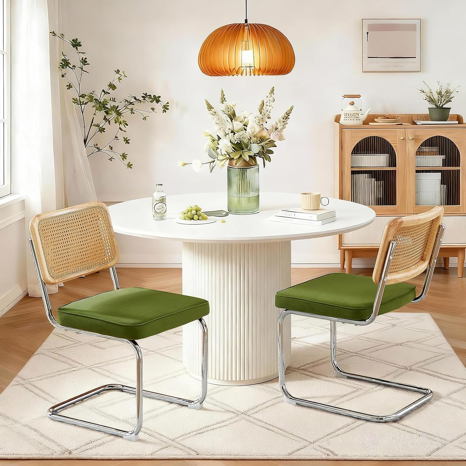 Rattan Back Velvet Dining Chair Set of 2 Modern Breuer Designed Stainless Chrome Base Armless Upholstered Dining Chair for Dining Room, Kitchen Island(Olive Green)